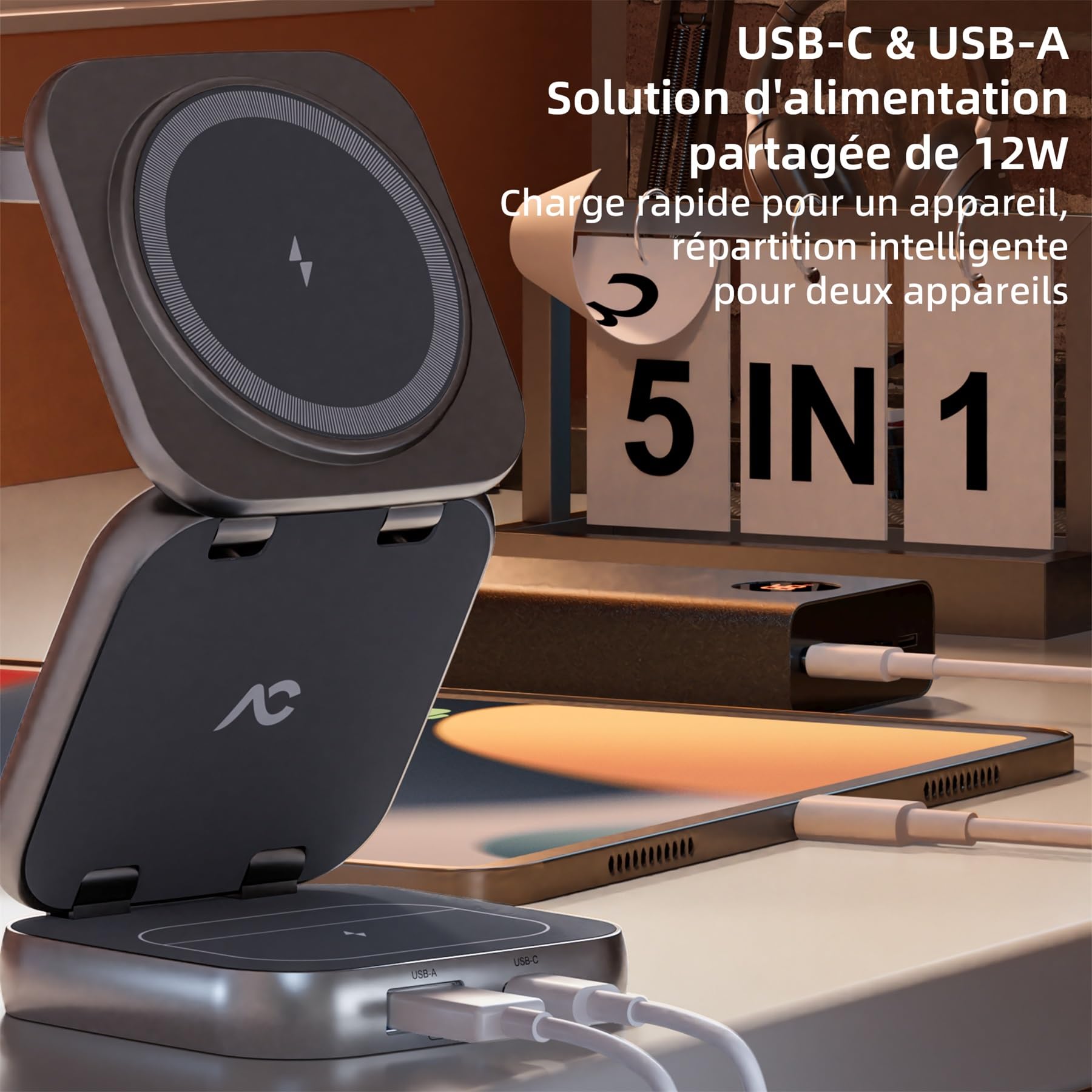 AC Island Chargeur Induction iPhone Compatible avec Mag-Safe, 5 en 1 Chargeur Rapide sans Fil pour séries iPhone 17/16/15/14/13/12, Apple Watch, AirPods, Station de Chargeur Pliable (Gris)