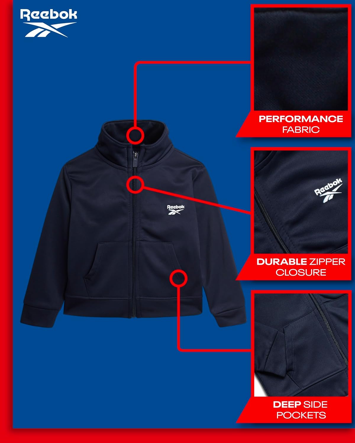 Reebok Toddler Boys Tracksuit Set - 2 Piece Athletic Tricot Full Zip Up Track Jacket and Boys Sweatpants Playwear Joggers Set - Image 2