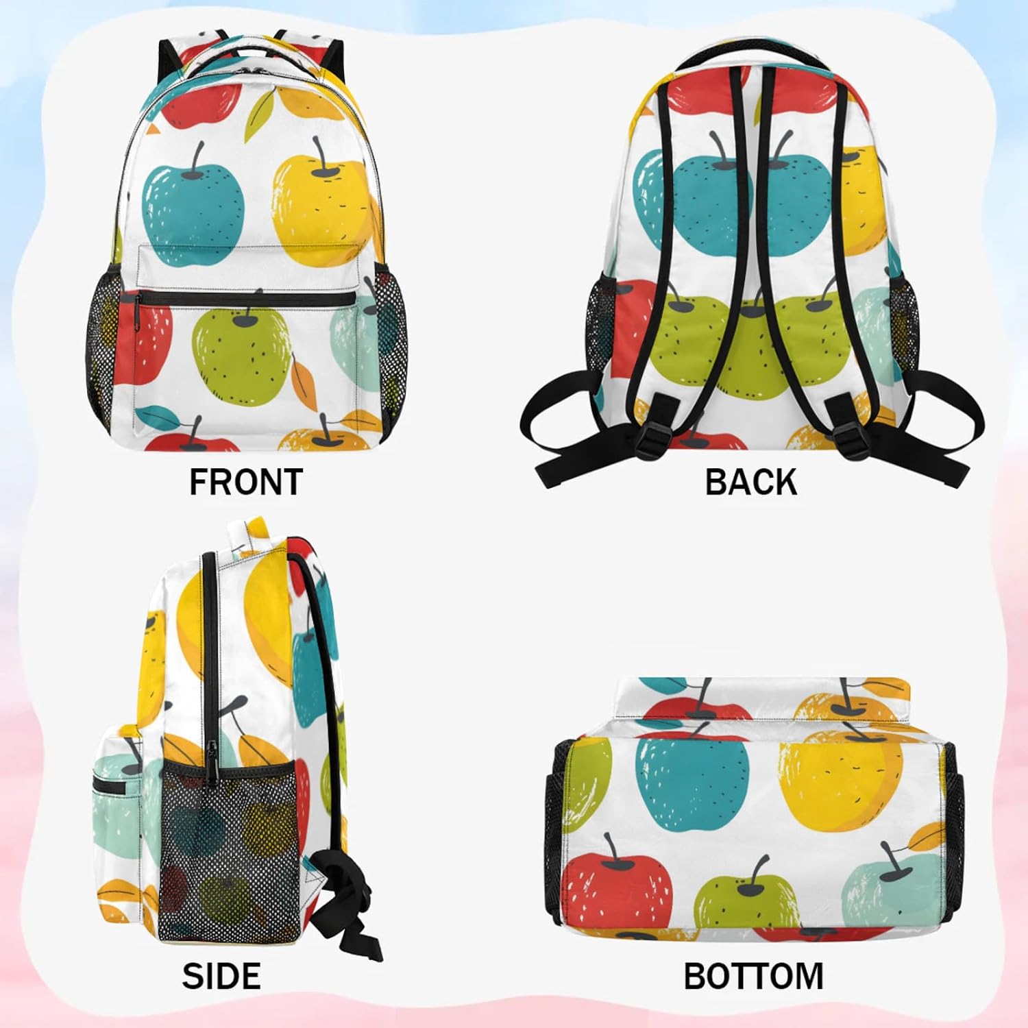 Colourful Apples Backpack Set, Backpack with Lunch Box Gifts Set for Women Men, Multifunction 2Pcs Laptop Travel Picnic Camping Backpack with Lunch Bag