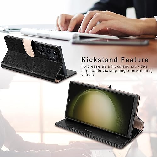 Miniatura 5 de Belemay Funda tipo cartera para Samsung Galaxy S24 Ultra - Funda de piel auténtica con tapa - Tarjeteros con bloqueo RFID - Funda para teléfono con