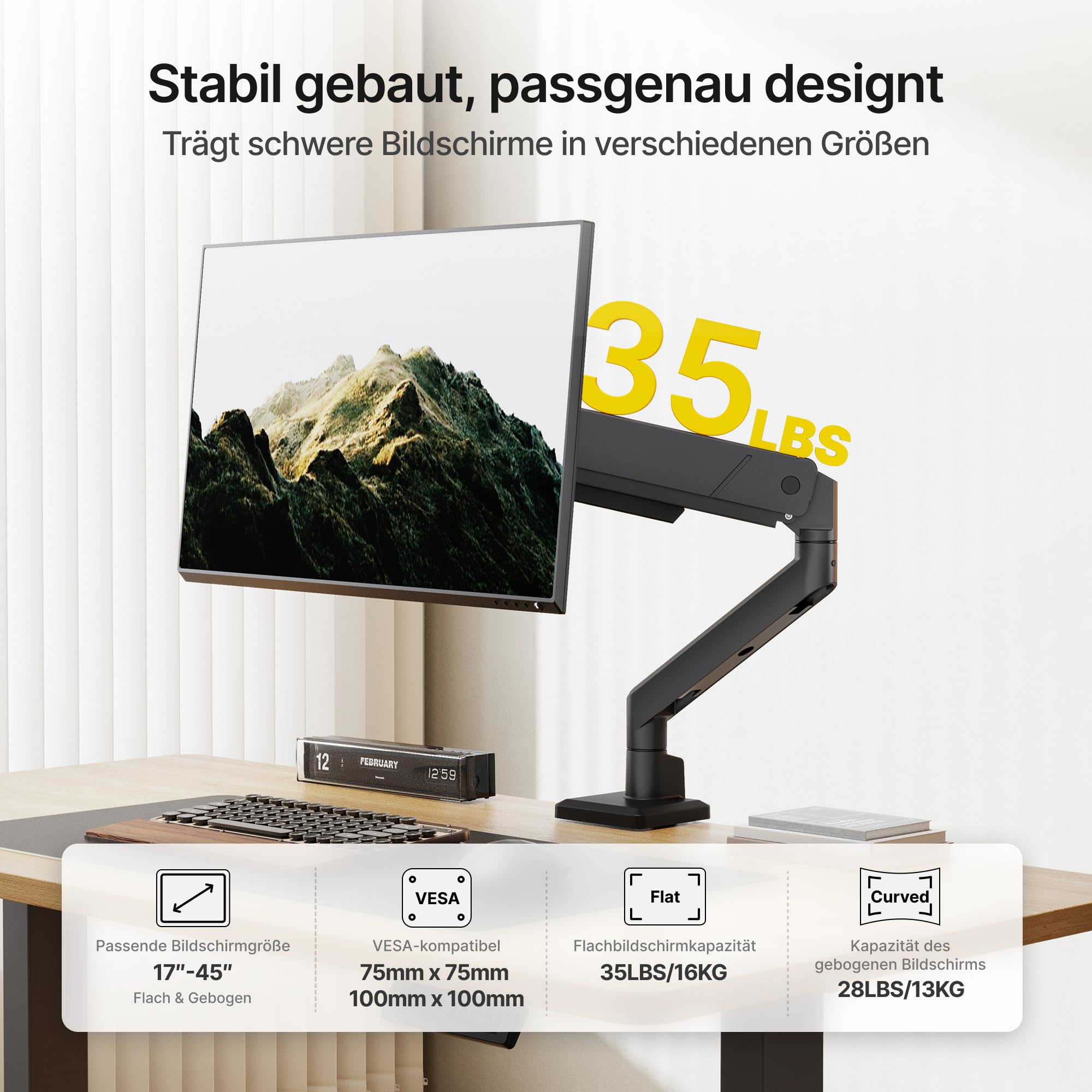 monTEK Monitor Halterung für 17-45 Zoll Bildschirme | Monitor Arm hält 1-16 kg, VESA 75/100, Neigbar, Schwenkbar, Drehbar
