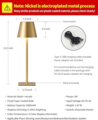 Vista 57 de KDG Paquete de 2 lámparas de mesa inalámbricas, lámpara de escritorio LED portátil, funciona con batería de 4000 mAh, atenuación continua de 3
