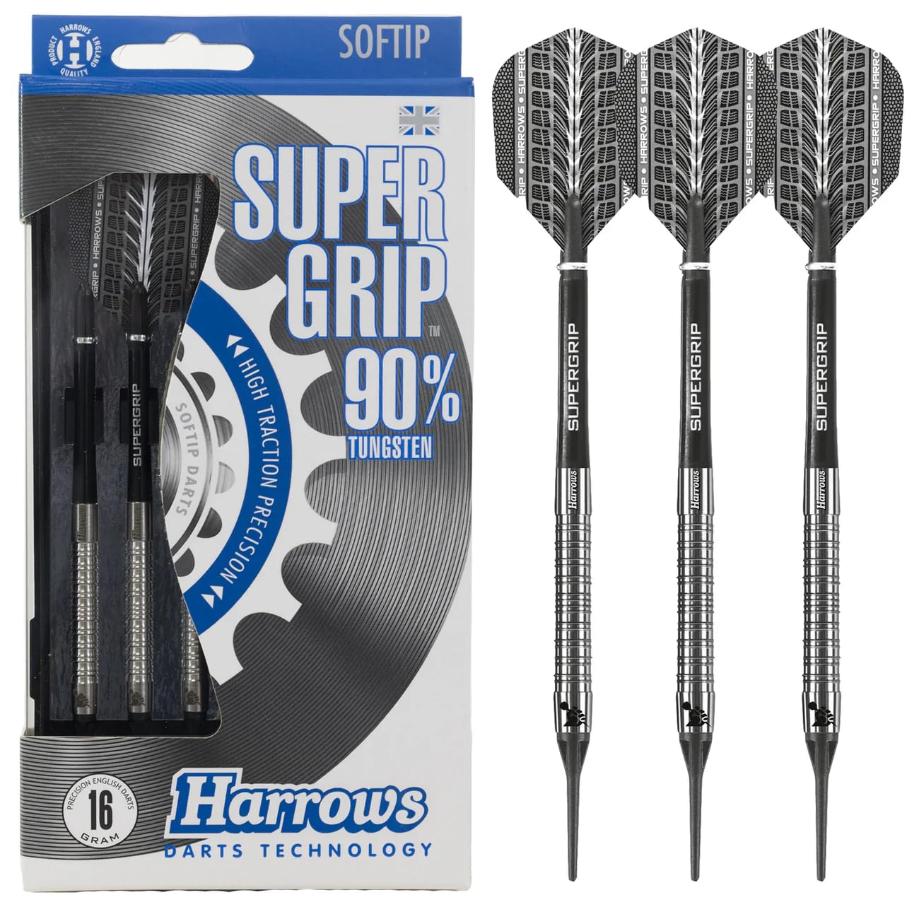 Harrows Darts-Set | Darts-Set mit 90% Wolfram, inkl. Supergrip-Schäften, Flights und Reiseetui – 16 g / 18 g / 20 g