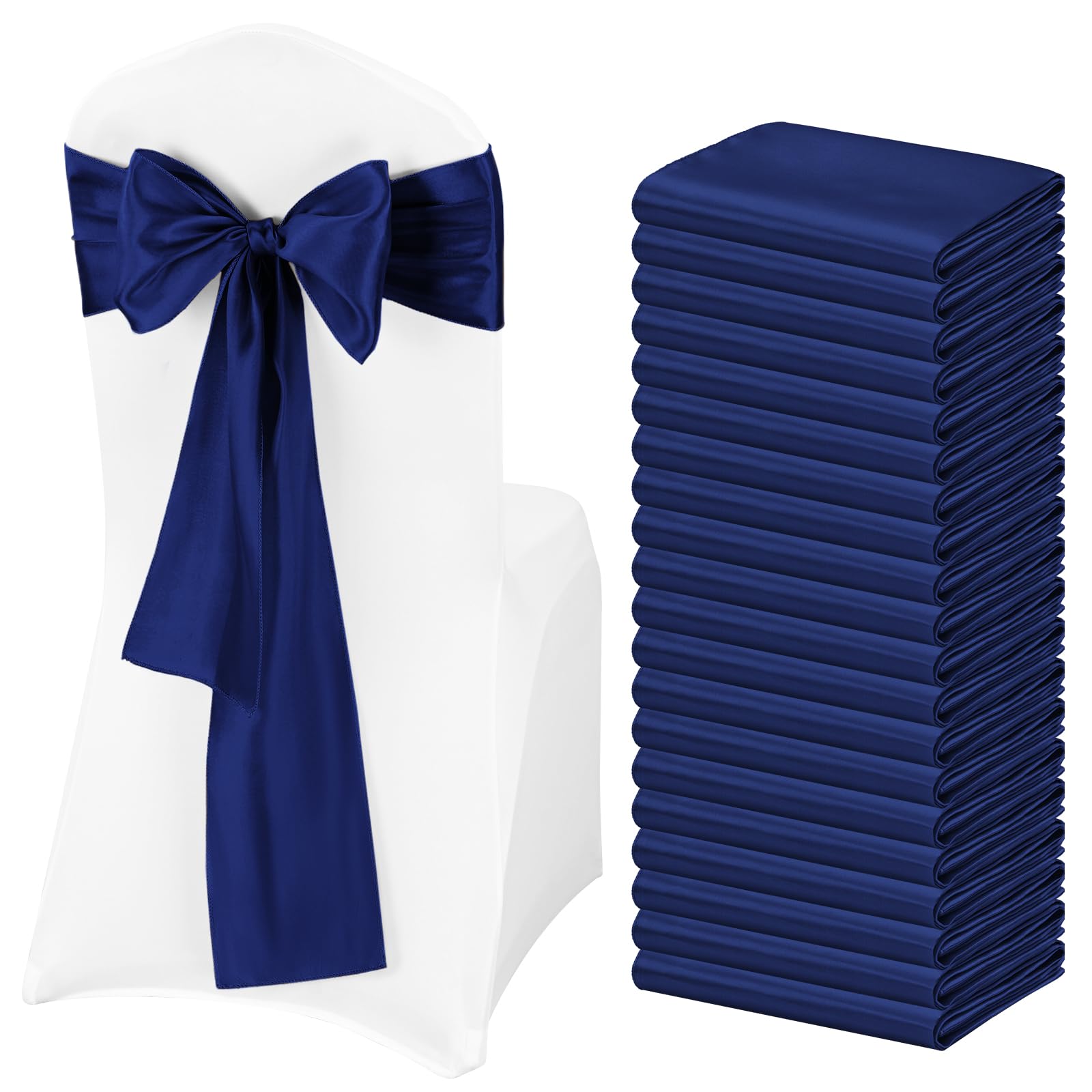 Pesonlook 60 PCS Navy Blue Satin Chair Sashes Bows Satin Chair Sashes Universal Chair Cover for Wedding Reception Restaurant Event Decoration Banquet,