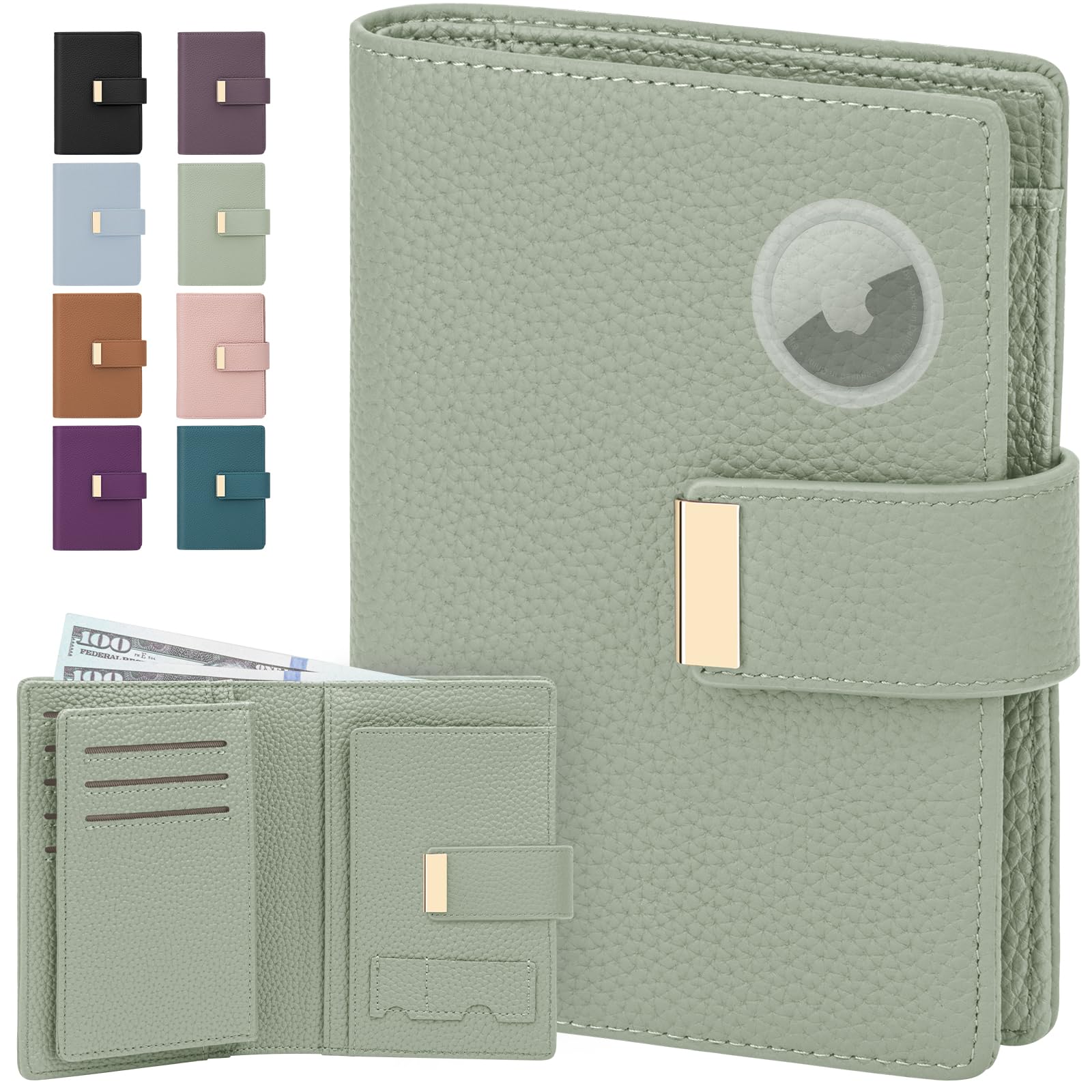 BKNOOU RFID Blocking Passport Holder with Airtag - Leather Travel Passport Wallet for Women & Men, Slim Bifold Travel Passport Holder Holds Cards &