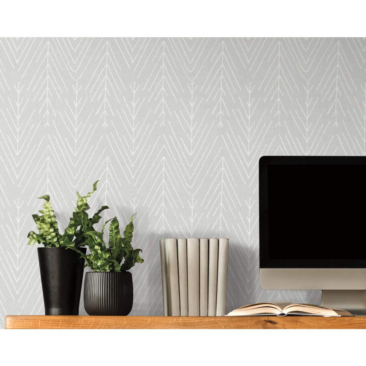 RoomMates RMK11672WP Light Gray Twig Hygge Herringbone Peel and Stick Wallpaper, Grey/White, 20.5" x 198" - Image 2