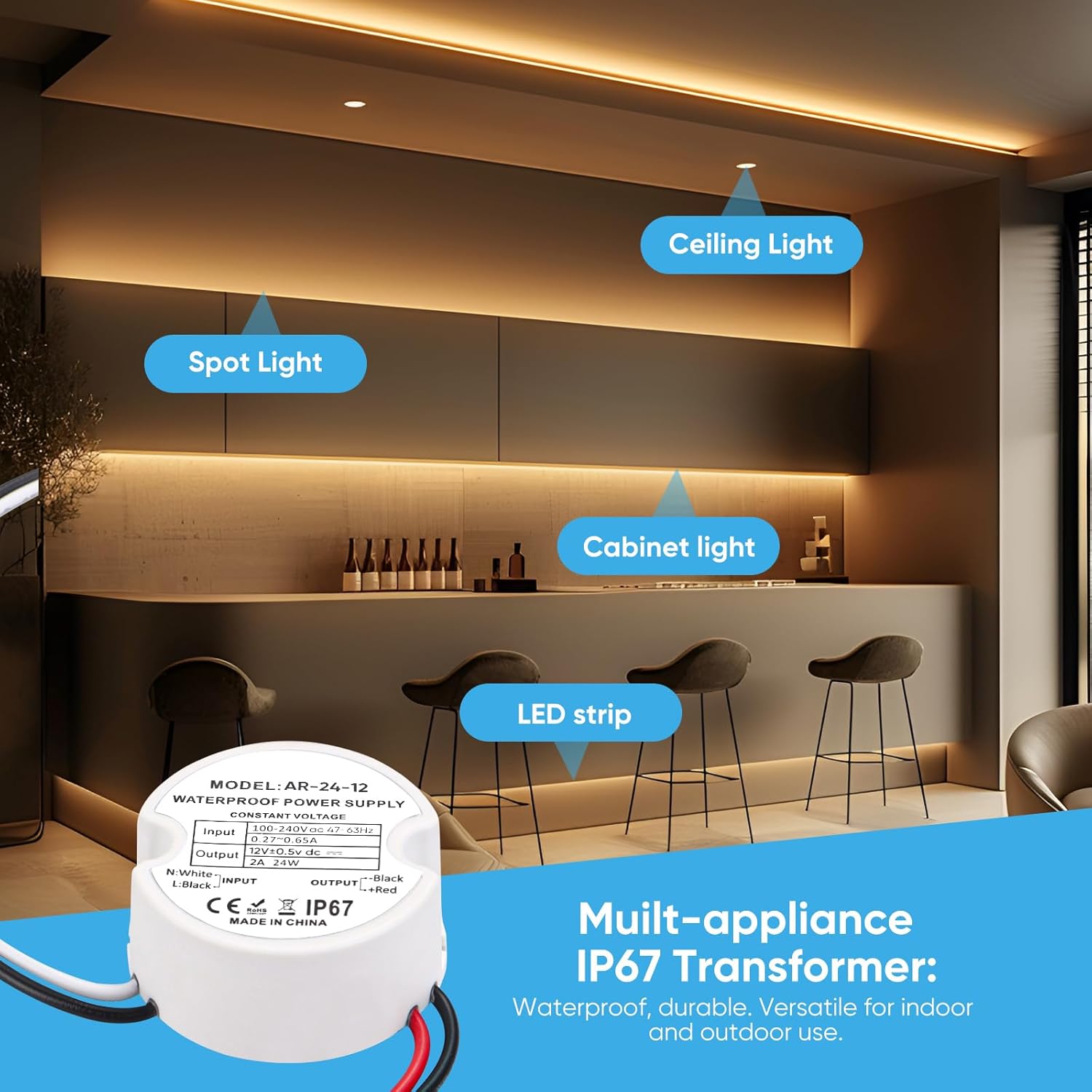 Waterproof IP67 LED Driver 24 Watts, LED Power Supply 12V 2A, Round 120V to 12V Transformer for Indoor and Outdoor LED Lighting - Image 7