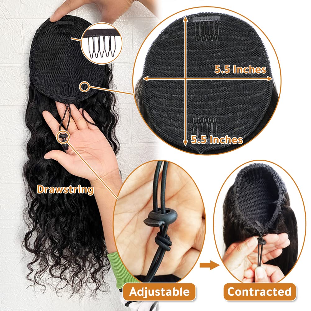 Drawstring Ponytail Extension 9A Brazilian Natural Wave Ponytail Human Hair Extensions for Black Women Water Wavy Clip In Pony Tail Extensions Human Hair Corn Wave (14 Inch) image 4