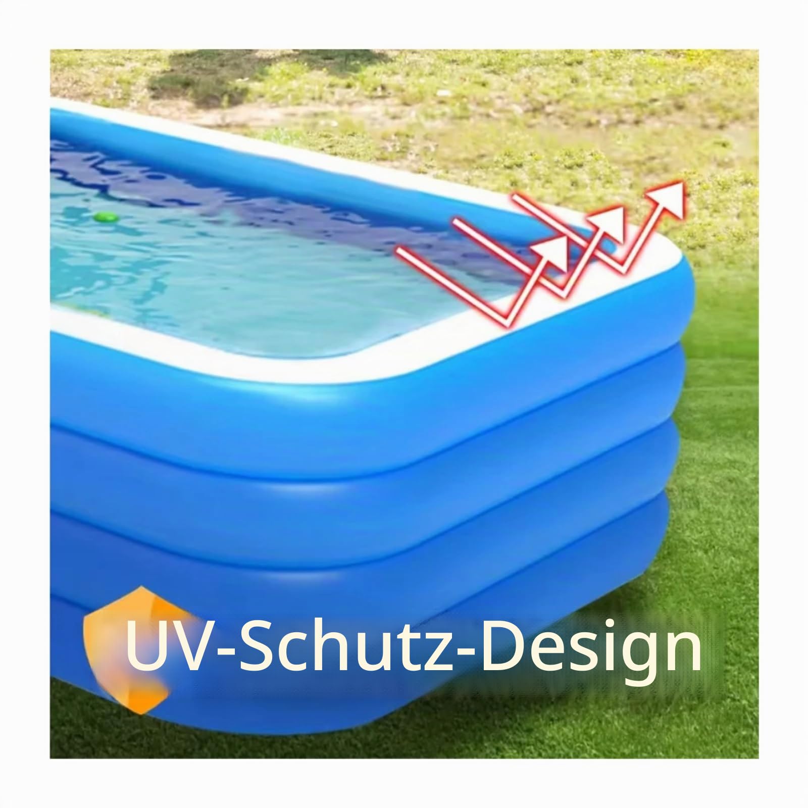 Aufblasbarer Pool, quadratisch, für Familien mit einem Boden, erhöht und verdickt, mit drei Ringen, blau und weiß, große Schwimmbäder für zu Hause(L)