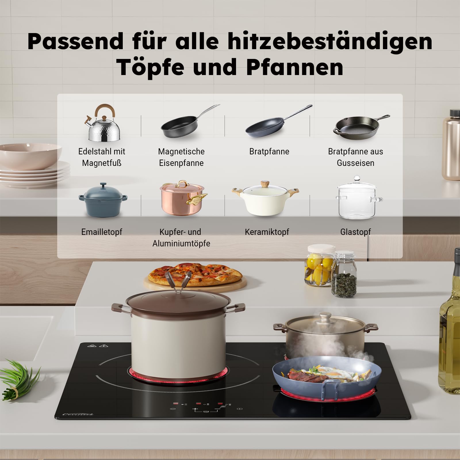 Plaque de Cuisson Vitrocéramique 3 feux cuisinière 60 cm puissance totale 5400W avec commandes tactiles sécurité intégrée timer électronique pour cuisson précise et flexibilité de cuisine, Noir