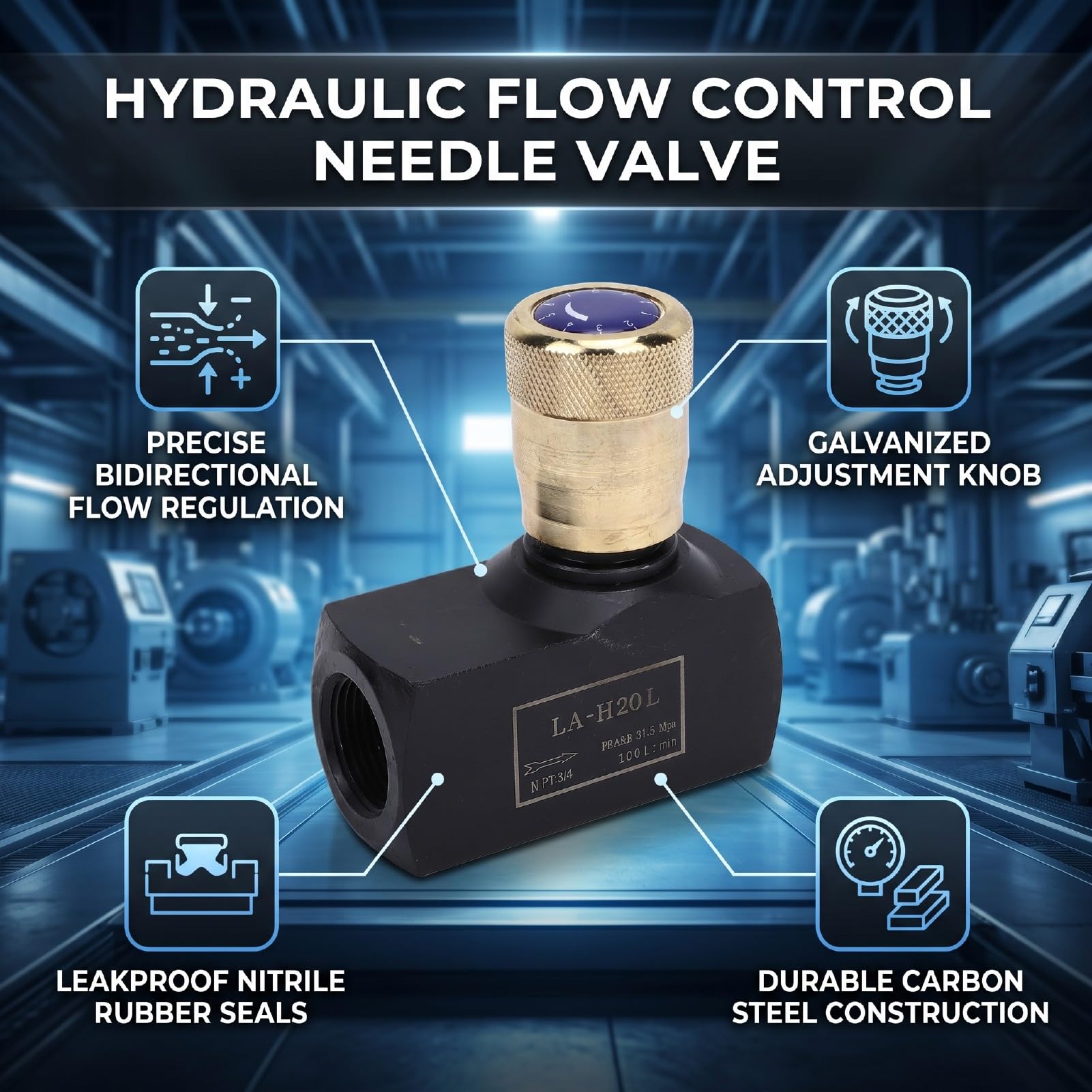 banapoy Hydraulisches Nadelventil Zur Durchflussregelung, 3/4 NPT Bidirektionale Regulierungsabsperrung, Nadelventil, Hochdruck-Durchflussregelung mit Auslaufsicherer Knopfeinstellung für den