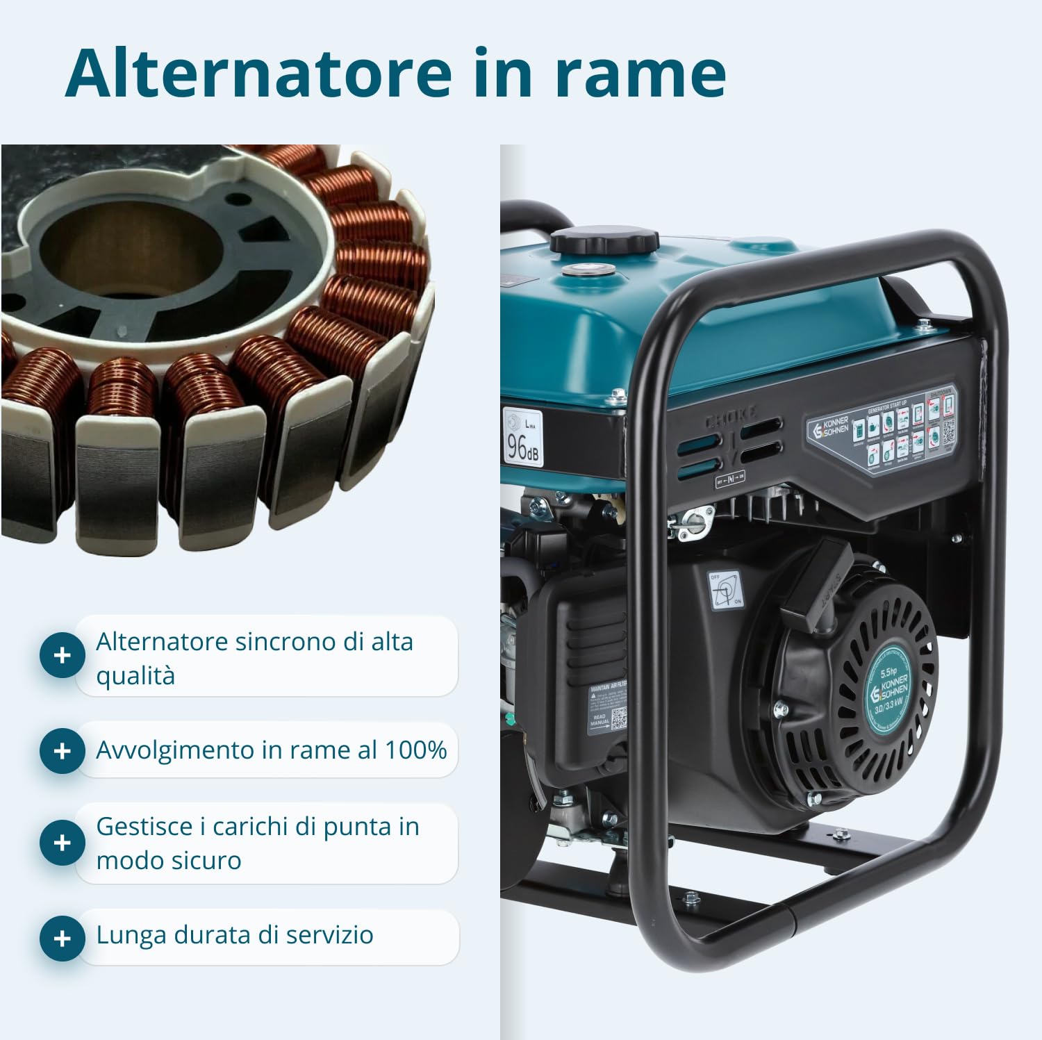 Könner & Söhnen KS 3300i. Generatore di inverter a benzina 3300 W, generatore di corrente con 2 Schuko da 230 V, generatore di emergenza con indicator