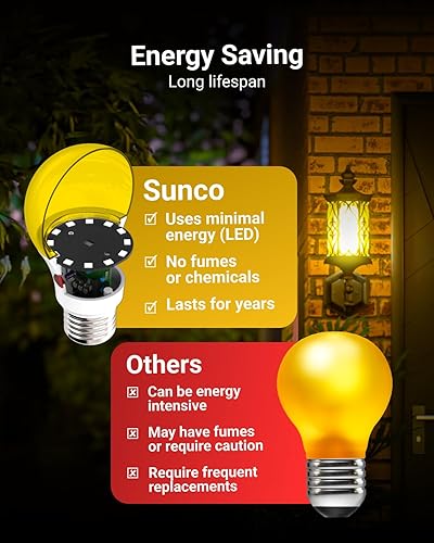 Miniatura 5 de Sunco - Paquete de 6 bombillas amarillas para exteriores A19, luces LED de insectos para exteriores del anochecer al amanecer, 480 LM, 9W, 2000K