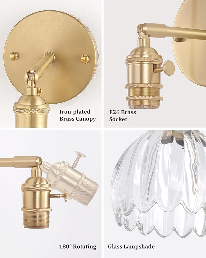 Vintage Battery Operated Wall Sconce with Transparent Tulip Glass Lampshade Wireless Rechargeable Battery Powered Wall Light with Remote Control for Bedside Bedroom Doorway, Set of 2