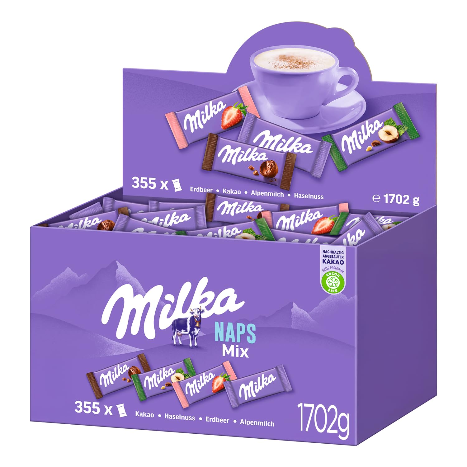 Milka Naps Mix – Mini-Schokoladentäfelchen in 4 Sorten: Alpenmilch, Erdbeer, Haselnuss, Crème au Cacao – 1 x 1,7kg