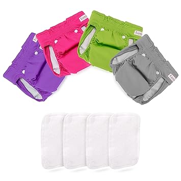 LUXJA Reusable Female Dog Diapers with Extra Detachable Diaper Pads (Pack of 4), Washable Wraps for Female Dog (Gray + Green + Purple + Rose Red), L
