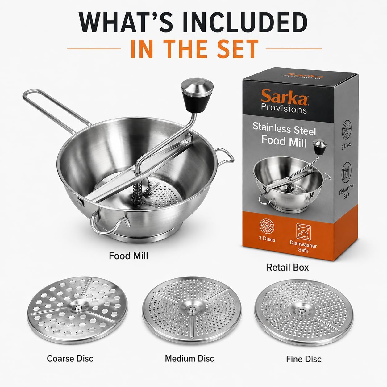 Premium Stainless Steel Food Mill with 3 Interchangeable Discs - Ergonomic Rotary Hand Crank Food Strainer for Tomato Sauce, Applesauce, Baby Food, Mashed Potatoes, Purees, Soups & Canning