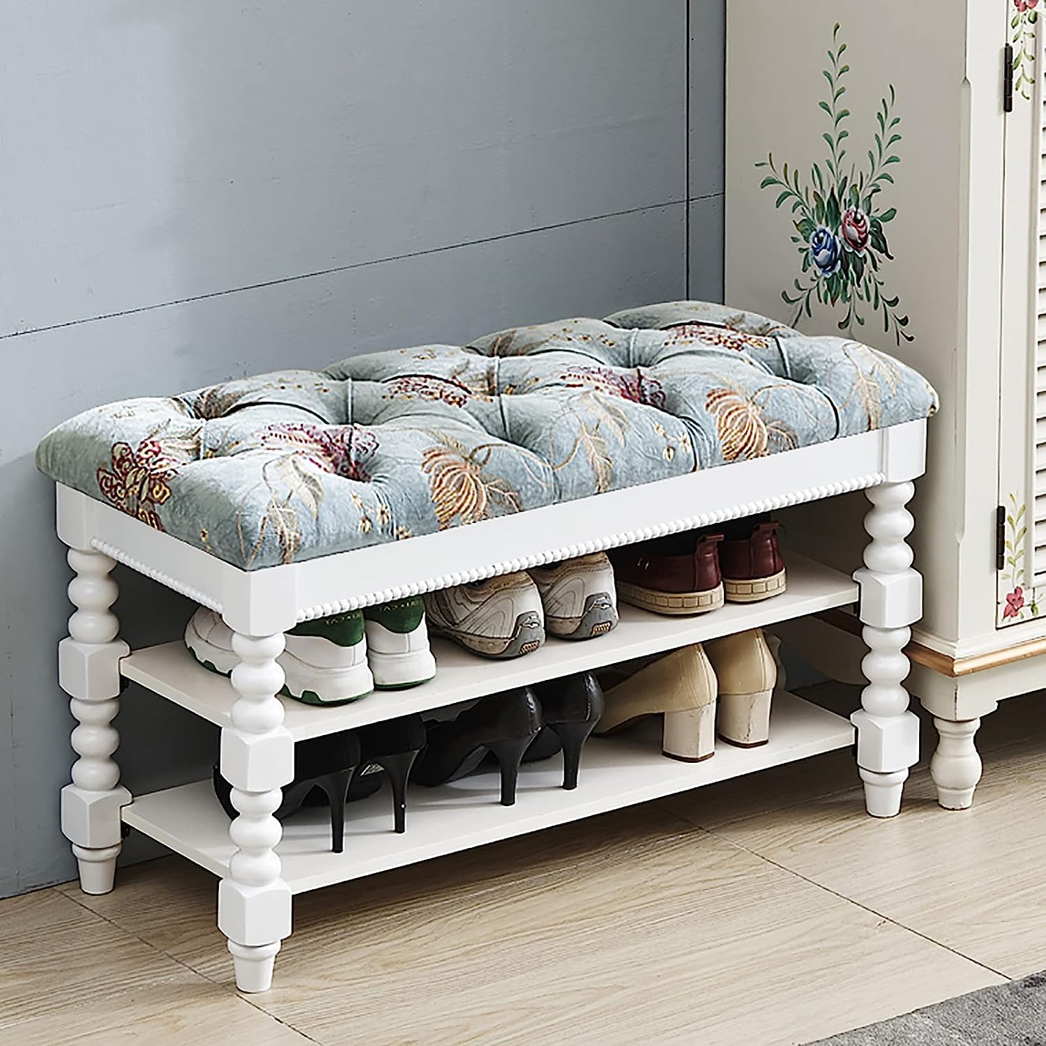 Banc à chaussures en bois massif brodé main velours luxe 80cm