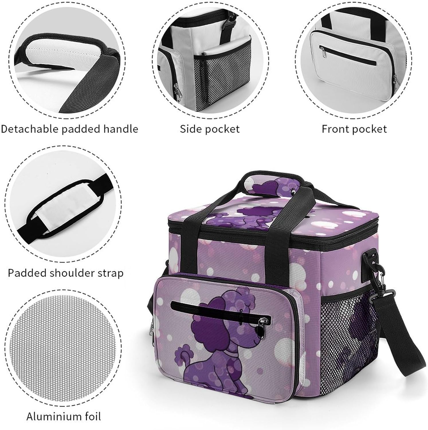 Large-Capacity Oxford Cloth Purple Poodle Polka Dot Printed Camping Ice Bag, Outdoor Portable Insulation and Cold Storage Bag, Enjoy A Cool Camping Time