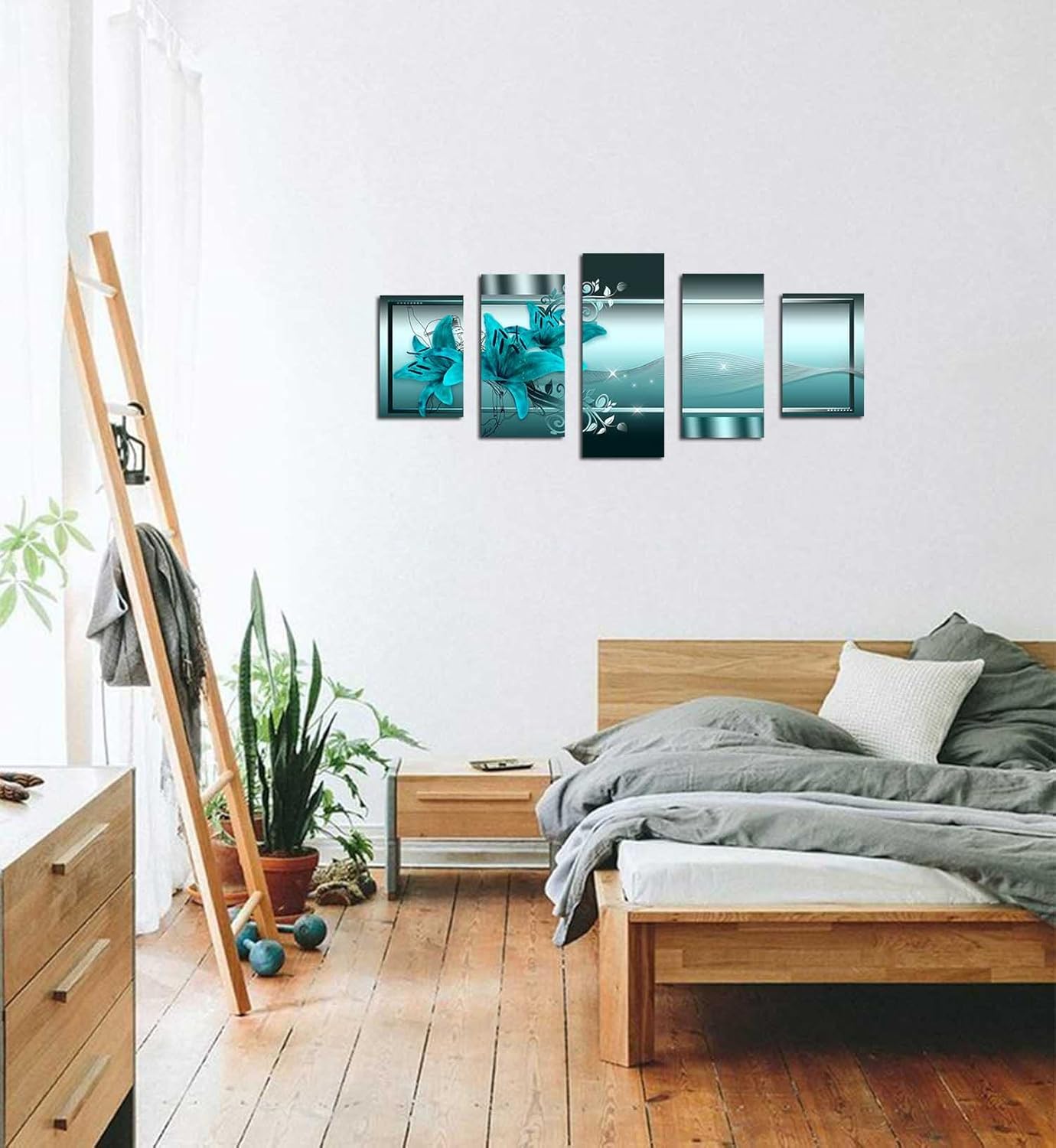 poetart Wall Decor for Bedroom, Wall Decor Living Room, Teal Flower Picture Canvas Print Wall Art Bedroom ((A-Teal Flower, Overall 40''W x 20''H)