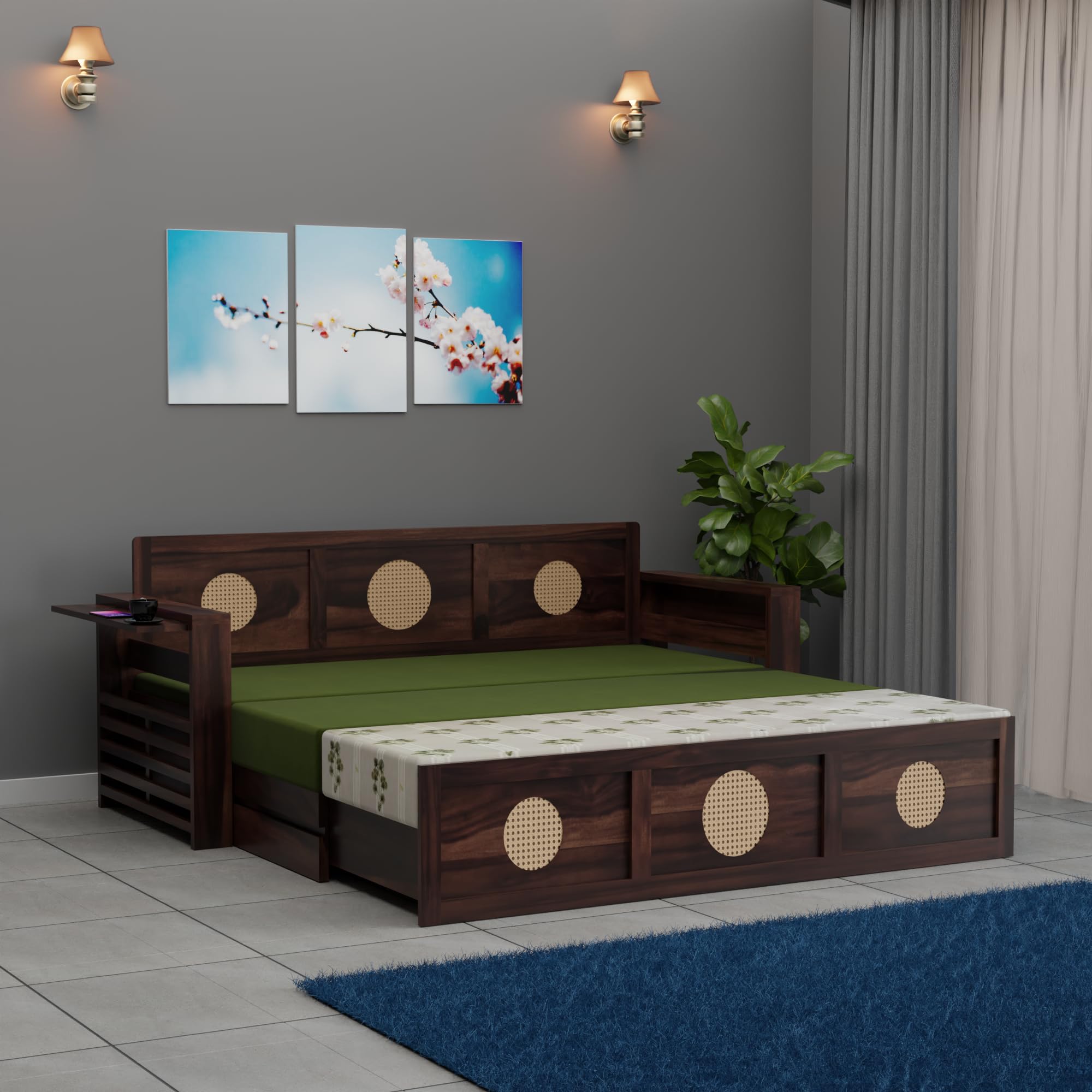 Sheesham Wood Sofa Cum Bed for Home || Wooden Sofa Com Beds for Living Room || Without Pillow || Folding Dubole with Storage || Modern 3 Seater Sofa Guest and Office Areas, Walnut Finish-image-23