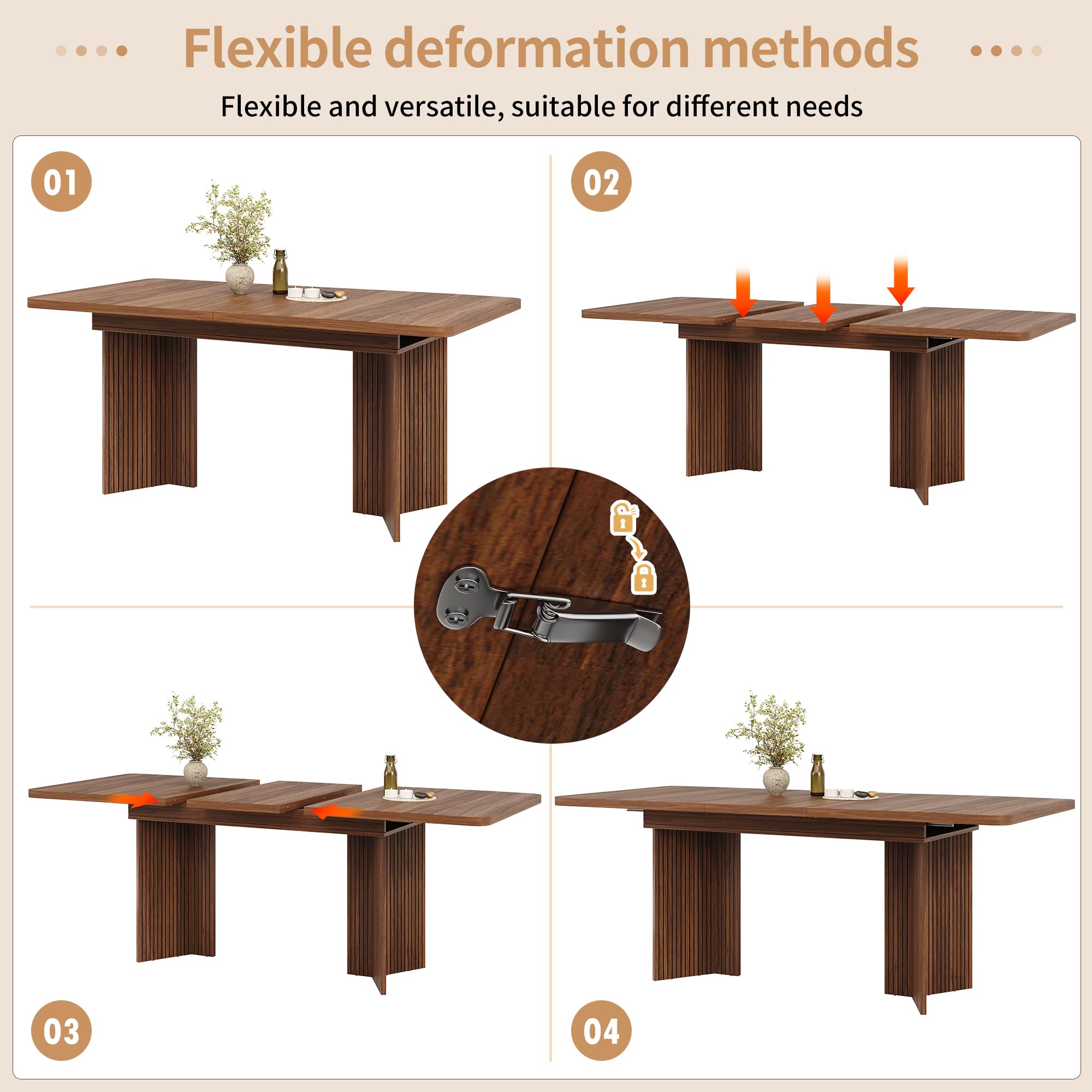 Table à manger extensible 120-160 cm avec nervures verticales, pieds de table en forme de V, rectangulaire, chêne clair/noyer