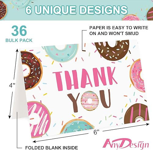 Miniatura 2 de AnyDesign Paquete de 36 tarjetas de agradecimiento de dona con calcomanías de sello a juego sobre surtidos de dibujos animados donas de felicitación