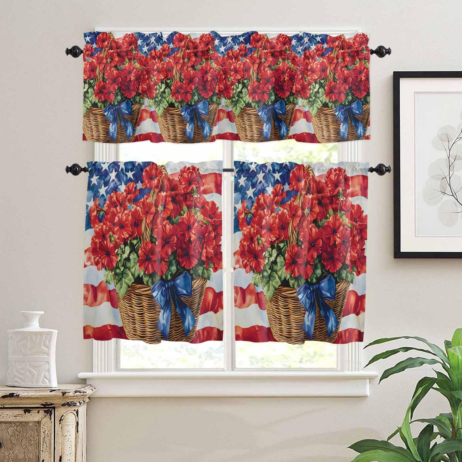 Independence Day Kitchen Curtains 36 Inch Length,3 Piece Rod Pocket Small Half Tiers and Valance Set,Patriotic Red Poppy Flower Blue Flag Small Large Window Treatment Decor for Bedroom/Bathroom Sink