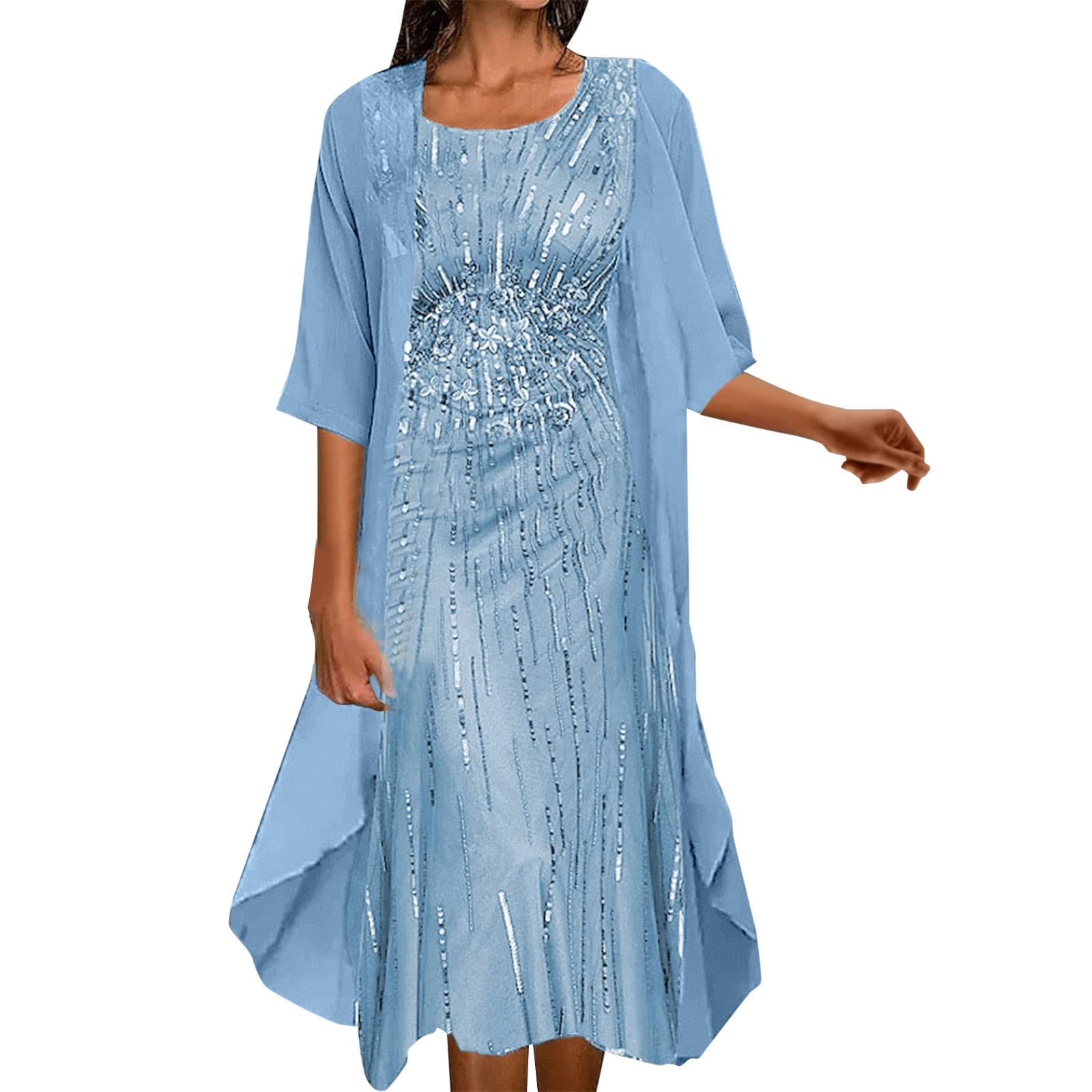 YANJI Vestidos Elegantes Mujer Conjunto de Dos Piezas de Vestido de Gasa Estampado Elegante de Moda y Ocio para Mujer