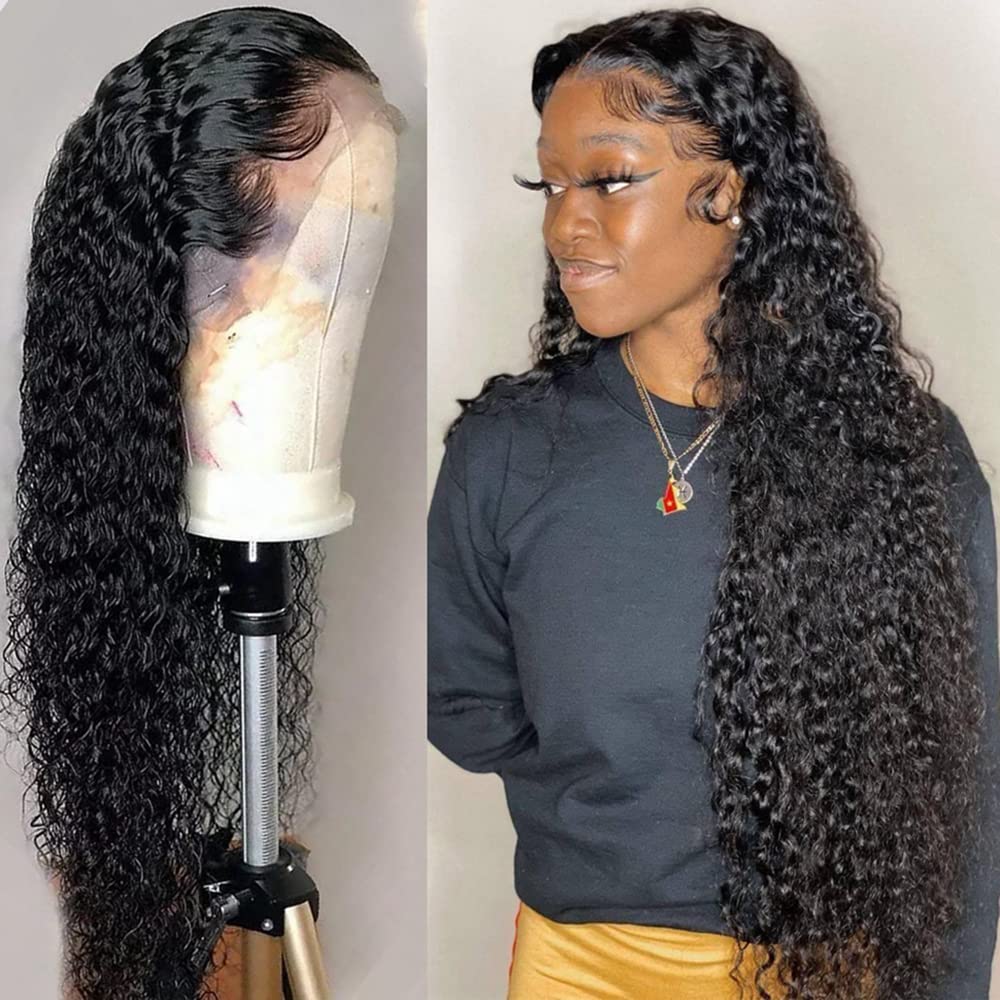 Pre Plucked Deep Curly Wave Lace Front Wig For Black Women 13X4 Hd Transparent Glueless Lace Frontal Wigs With Baby Hair 100% Unprocessed Brazilian Kinky Curly Human Hair Wigs Natural Color (13X4 curly wave lace front wig, 22 Inch)