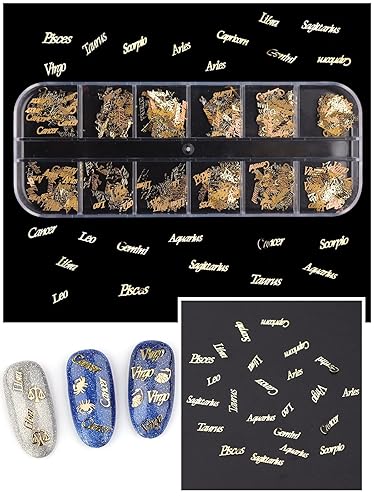 Miniatura 5 de EBANKU 2 cajas de dijes de uñas del zodiaco, oro 3D, doce constelaciones, para arte de uñas, lentejuelas de aleación, dijes de uñas de acuario para