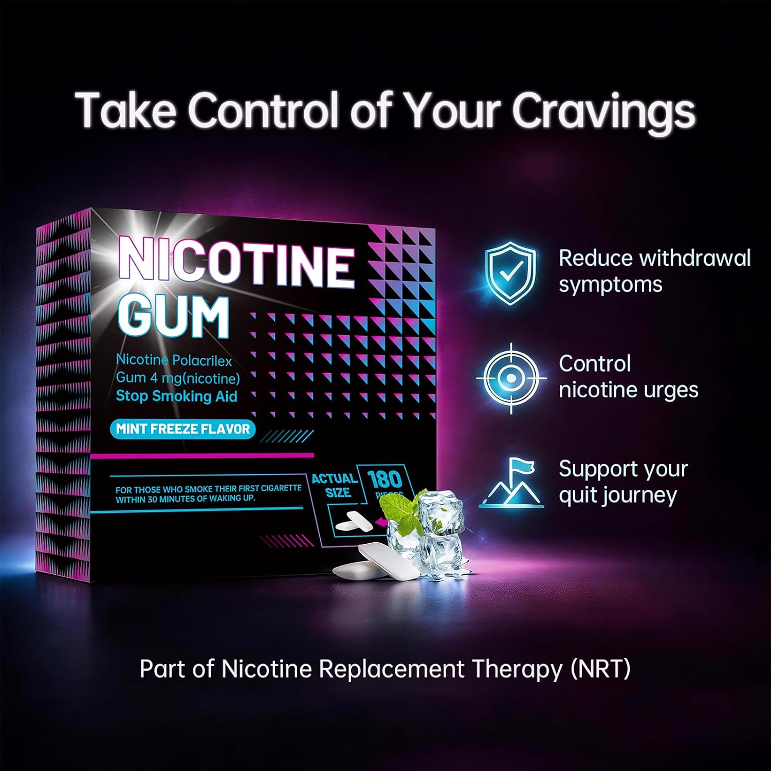 Nicotine Gum 4 mg Help Quit Smoking, Nicotine Replacement Gums, Mint Freeze Flavor Stop Smoking Aid, Sugar Free, 180 Count, Count for Heavy Smokers