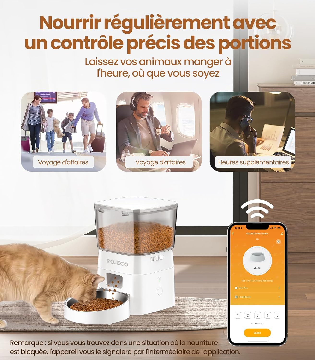 Image showing the ROJECO Automatic Pet Feeder being controlled by a smartphone app, illustrating how to set precise feeding schedules and portions.