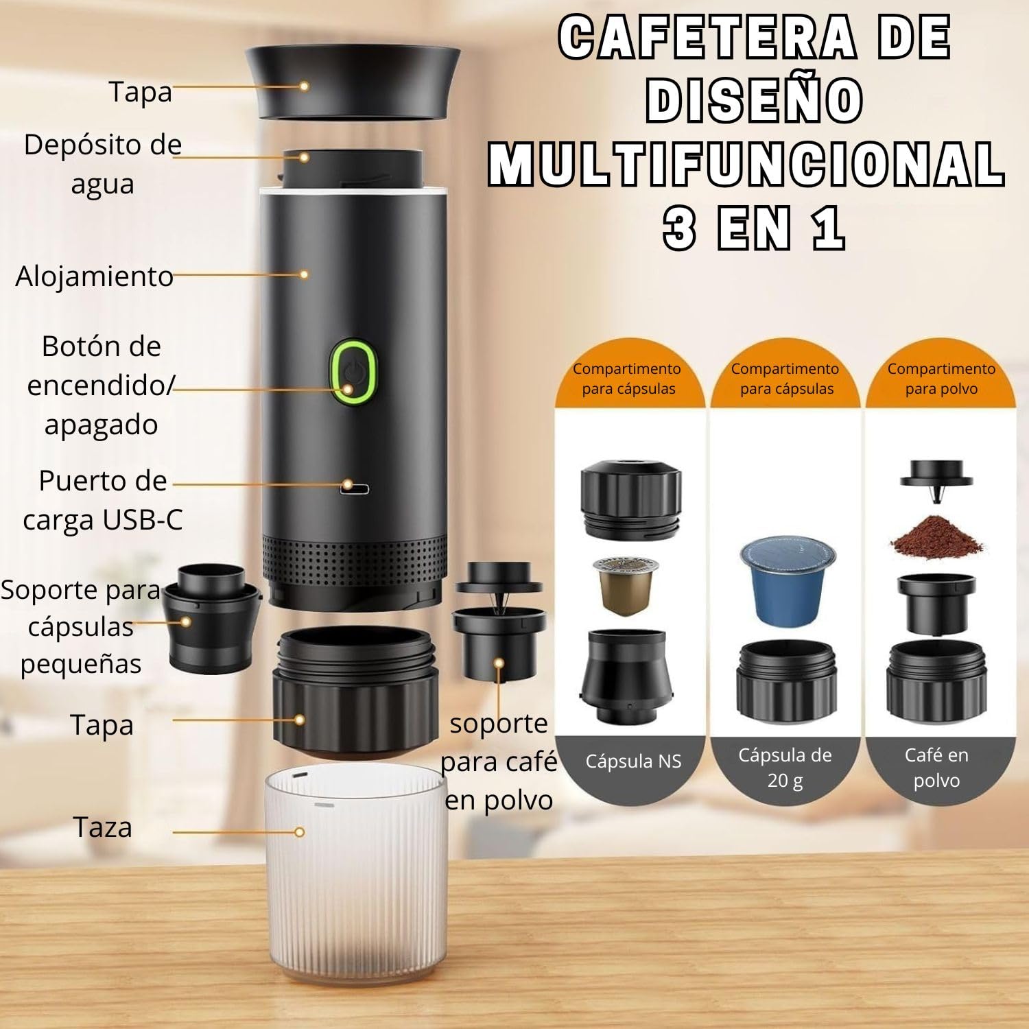Portatile Caffettiera capsule 3 in 1 compatibile con Nespresso Dolce Gusto e Caffè Macinato - Macchina da caffè multicapsula per il trasporto - piccola (nero)