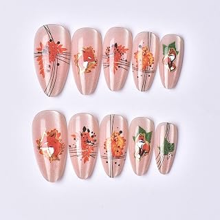 Fall Press on Nails Medium Almond Fake Nails with Gold Fox Design Orange Maple Leaves Glue on Nail Glossy Pink Glitter False Nail Reusable Full Cover Autumn Nails Press ons for Women Manicure 24Pcs