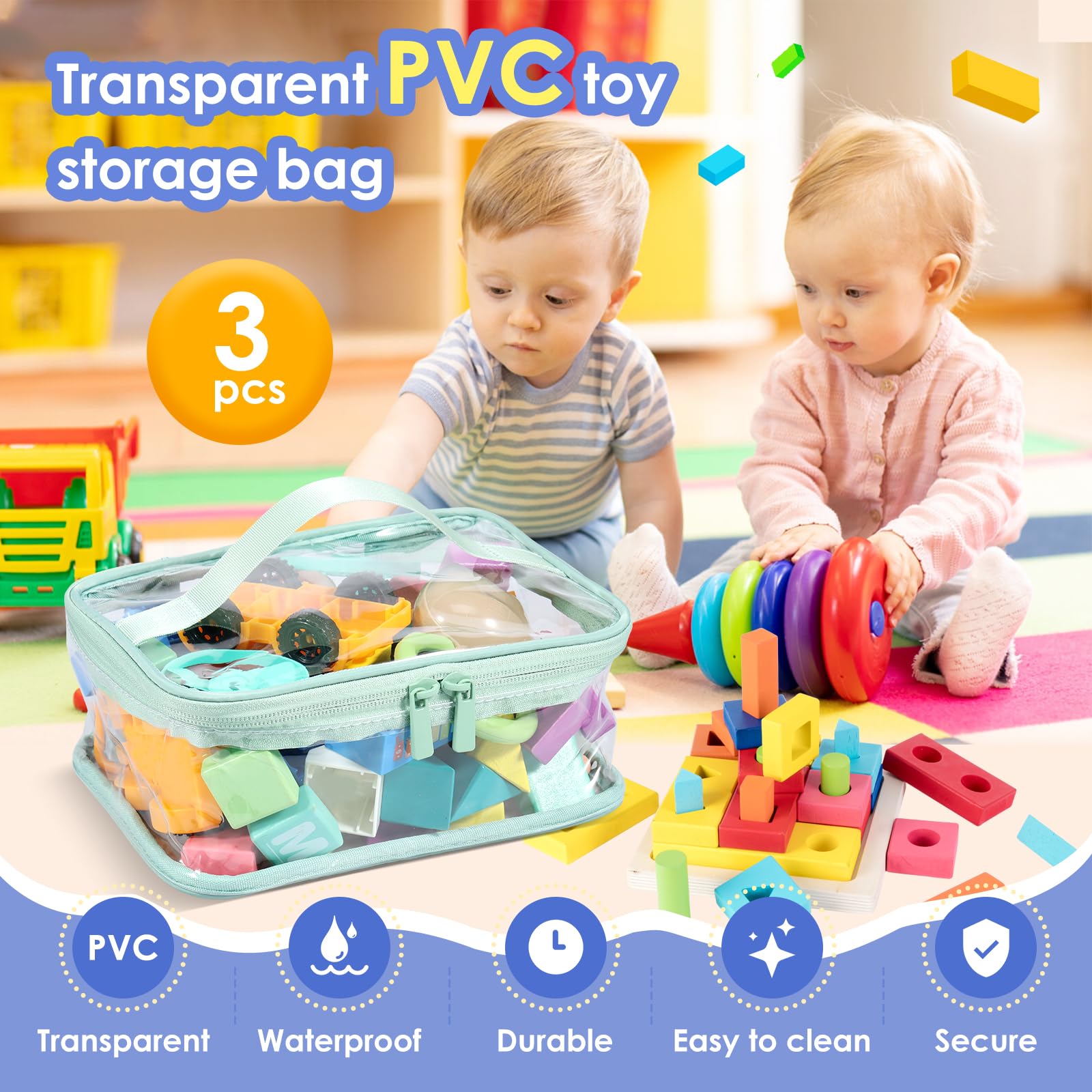 Cajas de Almacenamiento con Tapas, 3 Piezas, Juguetes, Libros, Bolsas, PVC Transparente, Organizador con Cremallera y asa, Juego de Mesa