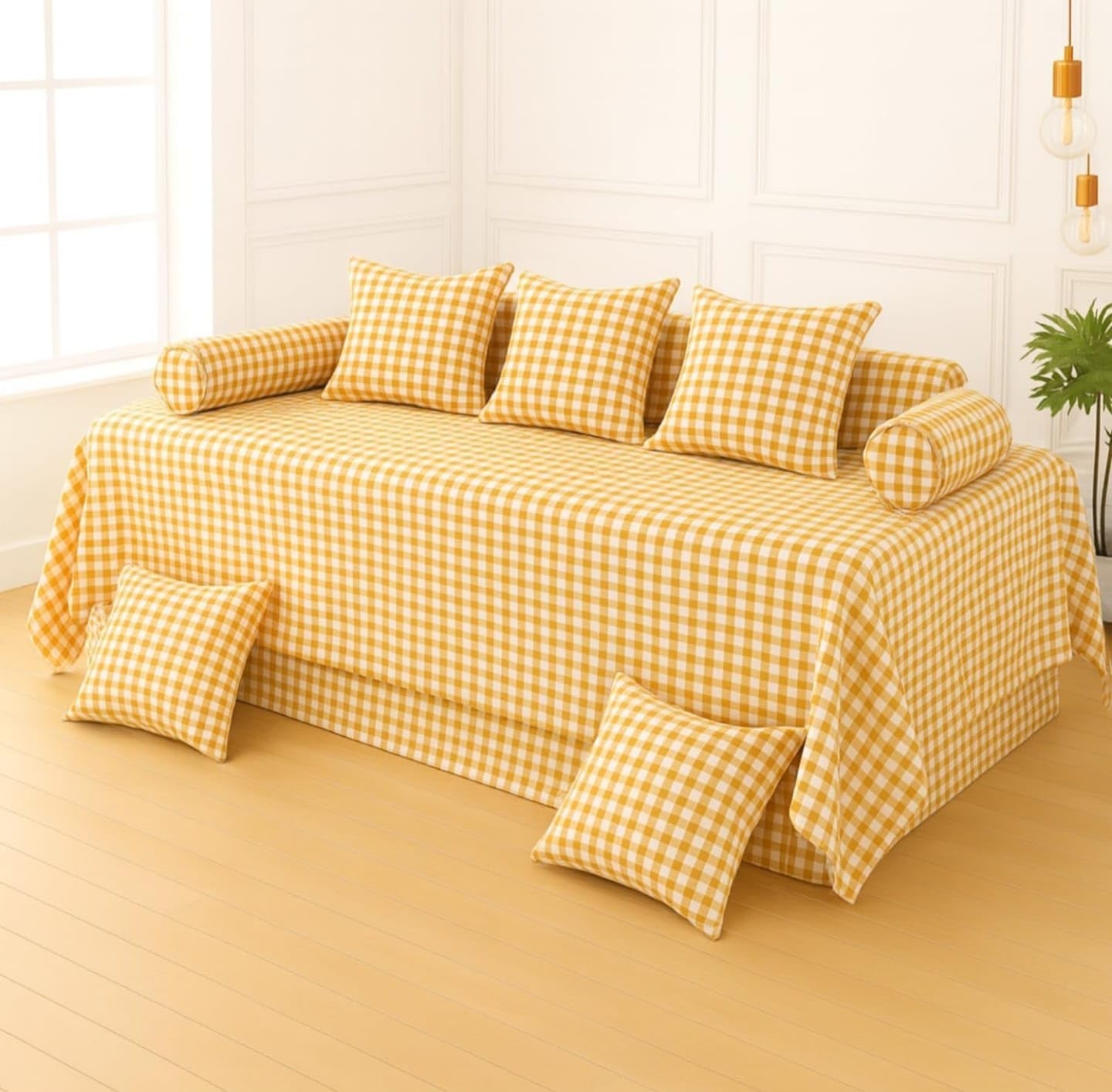 220 TC Diwan Set 8 Pcs | Pure Cotton | Contrast Cushion & Bolster Covers | Designer Printed Diwan Set (1 Single Bedsheet, 2 Bolster Covers & 5 Cushion Covers) (8, Yellow Check)-image-24