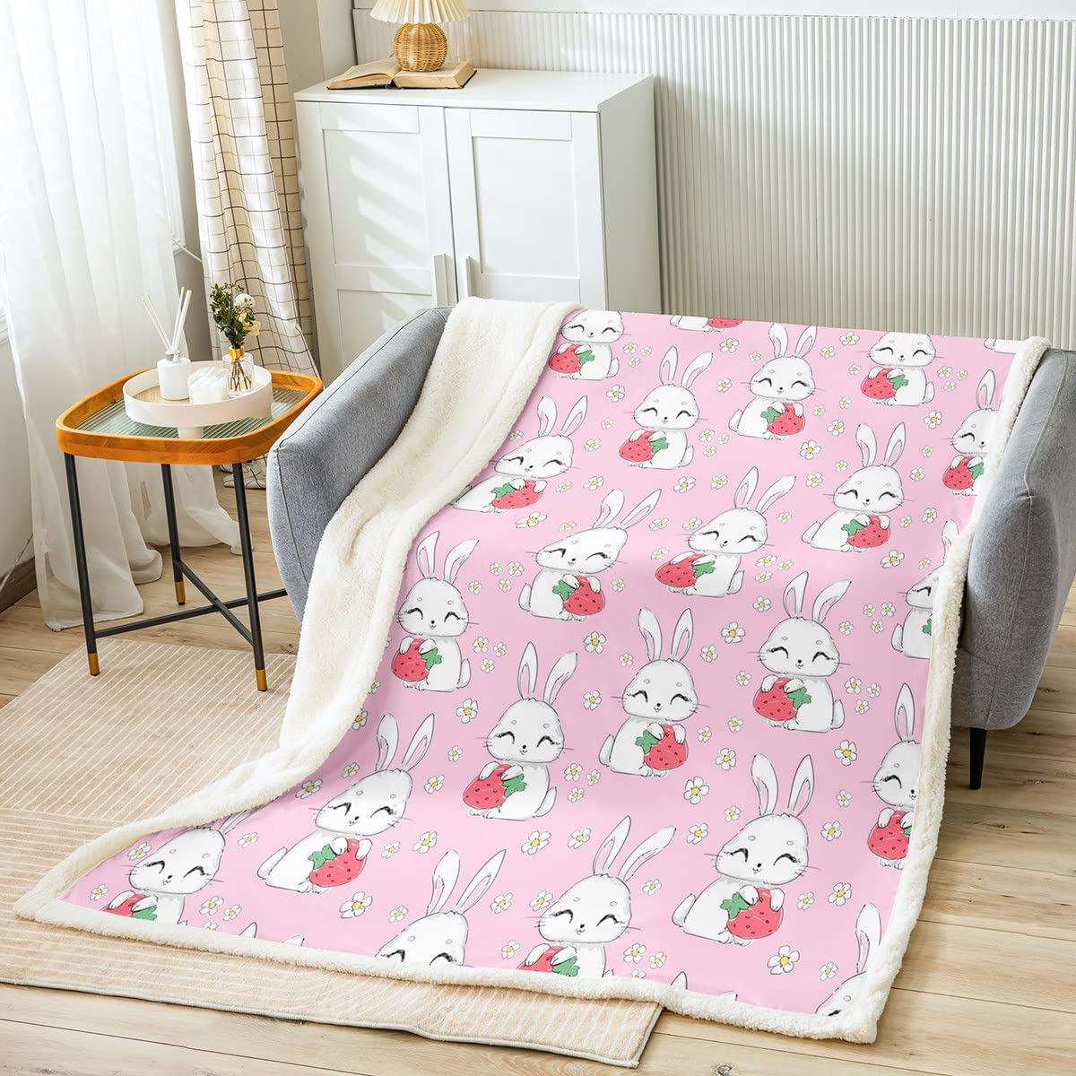 Coperta per bambini, motivo: coniglietti di fragola, per bambini, motivo: coniglietti di fragola, per ragazzi, ragazze e ragazze, motivo floreale, per divano letto, colore rosa, 200 x 201 cm