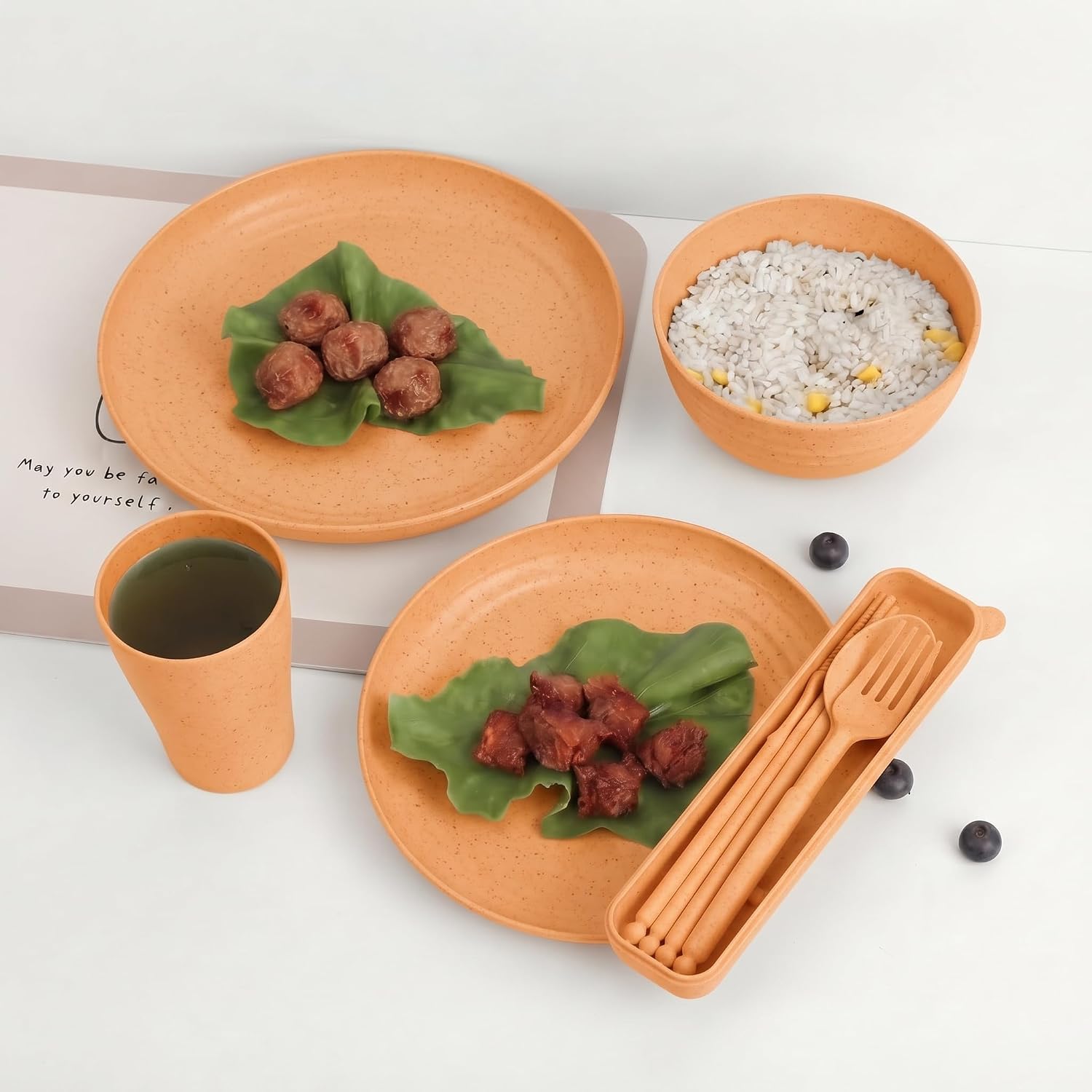 4pcs Unbreakable Wheat Straw Dinnerware Sets with Cutlery Set, Reusable Lightweight Yellow Microwave Dishwasher Safe Tableware for Travel, Camping, Kitchen, RV, Apartment, Dorm, Party