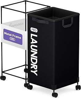 Caroeas Next-Gen 105L Matel Frame Laundry Basket with wheels, Heavy Duty Tall Rolling Laundry Hamper with Removable Wash Bag, Collapsible Freestanding Clothes Hamper (100L,Black,1Pack)