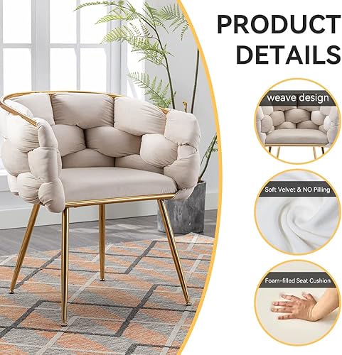 Miniatura 9 de Otnqu Sillas decorativas modernas, sillas de comedor de terciopelo, sillas de sala de estar tejidas con patas de metal dorado para leer, comedor,