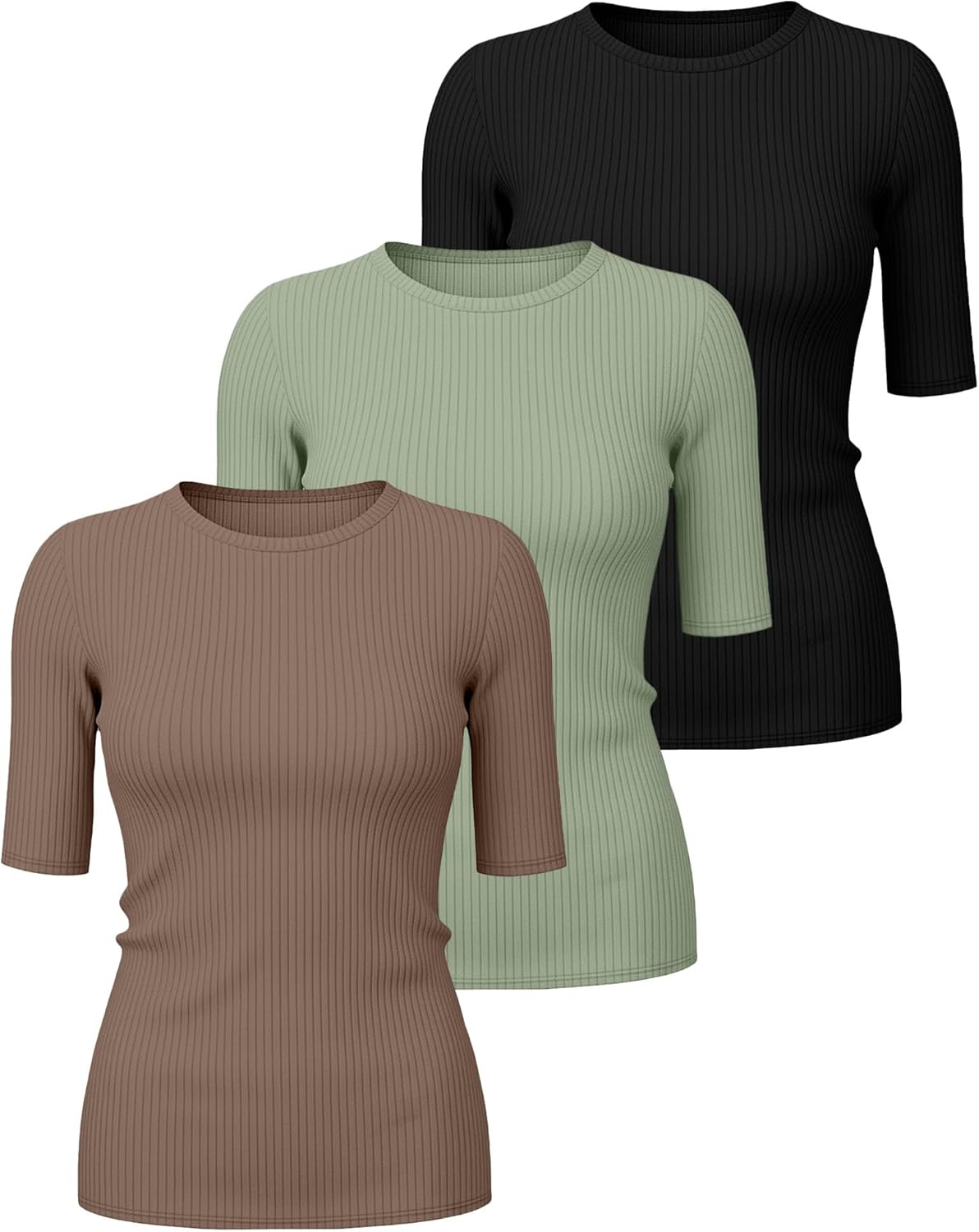 Riyiper 3 Pack Women's Half Sleeve Tops, Elbow Length Ribbed Cotton T Shirt Crew Neck Summer Tee Slim Fit Casual Blouses - Image 3