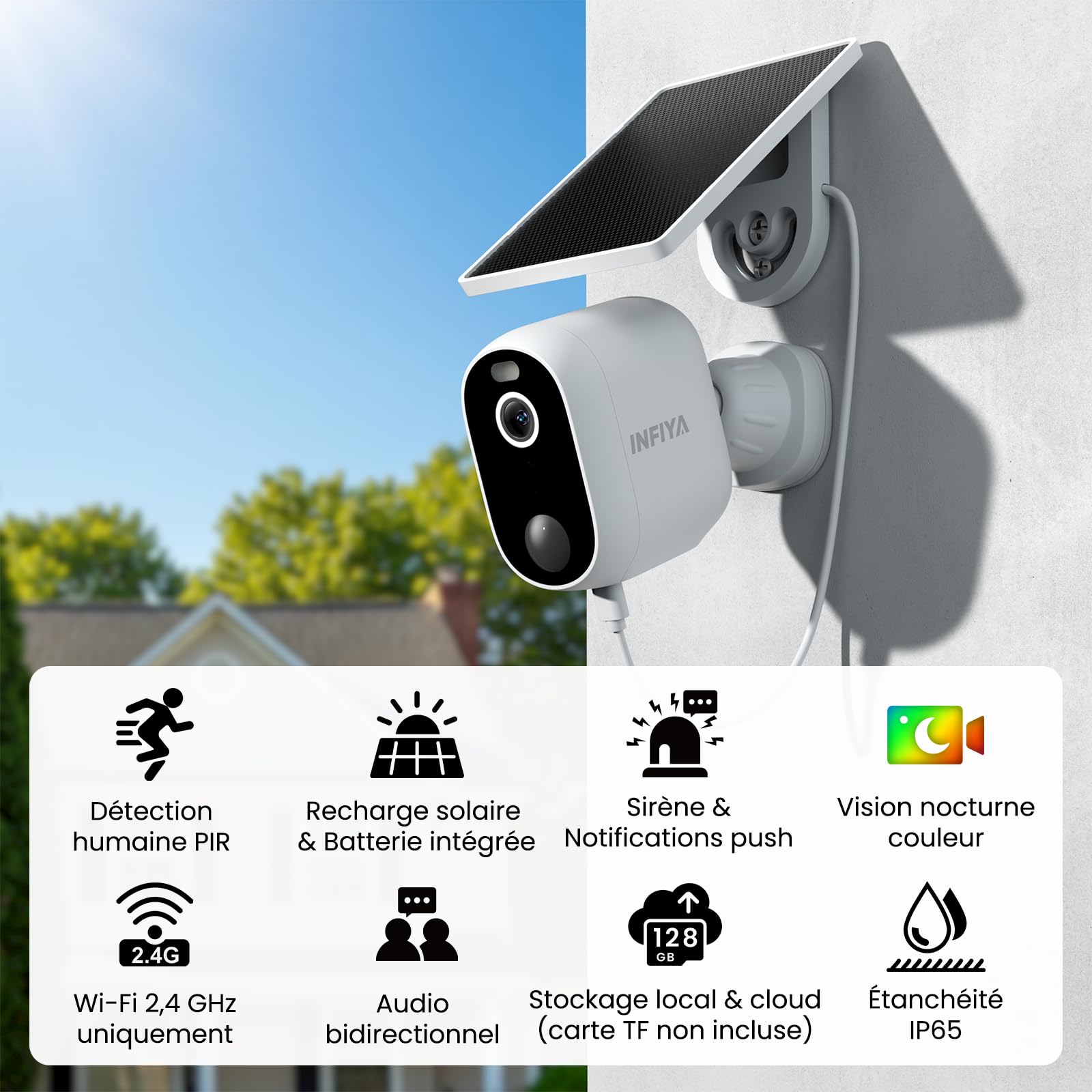 INFIYA 2K Camera Surveillance WiFi Exterieure sans Fil - Camera Exterieur sans Fil Solaire, Alerte Instantanée PIR, Vision Nocturne Couleur, Détection Humaine, 2.4GHz WiFi, Étanche IP65 (Lot de 2)