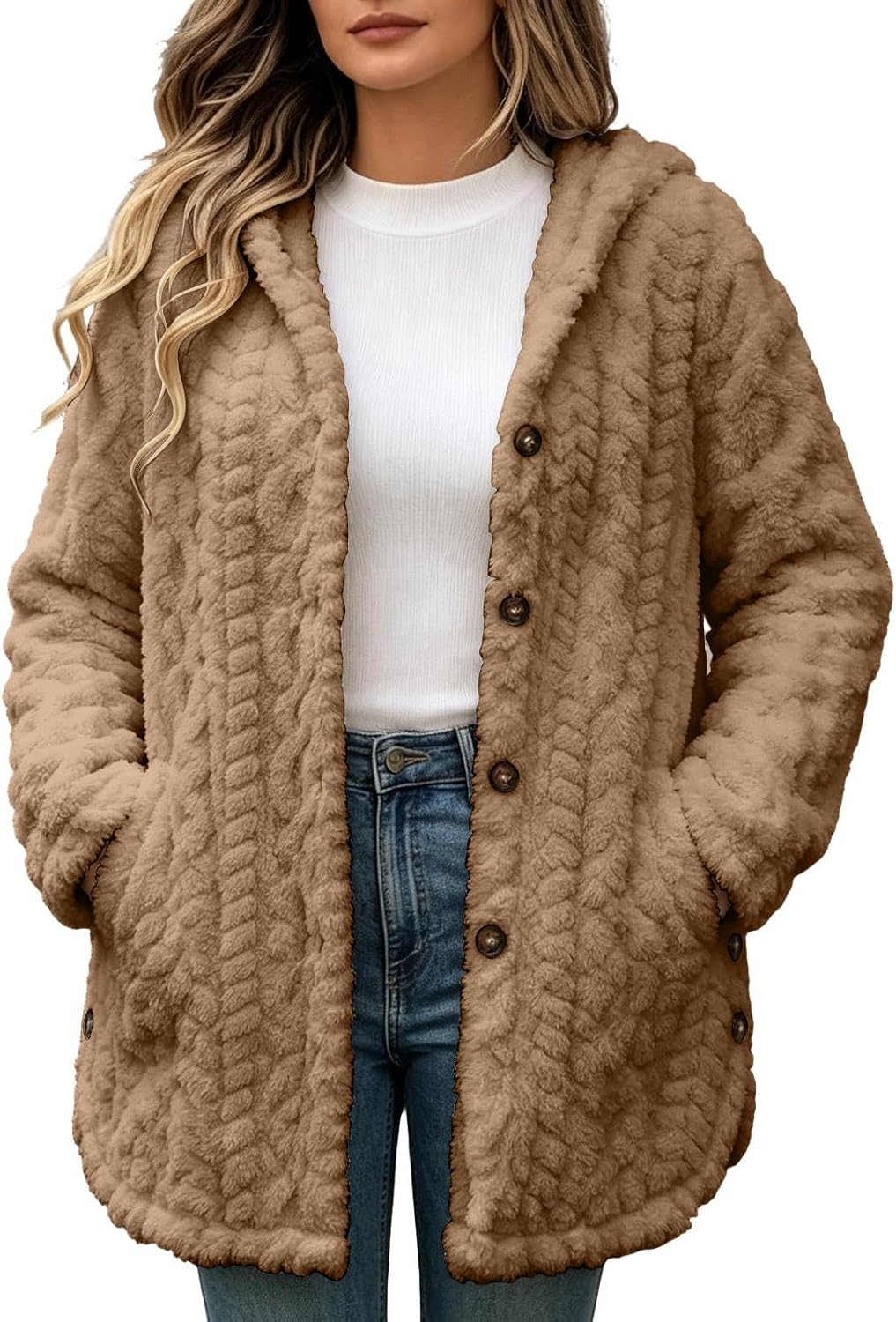 Women's Hooded Coat Button Front Casual Textured Long Fleece Jacket