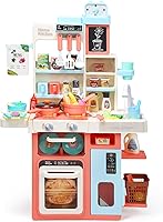 HOLYFUN Pink Kids Kitchen Playset with Steam Stove, Lights, Sounds & Running Water Sink - Toddler Pretend Play Kitchen Toy Set for Girls Boys