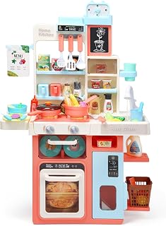 HOLYFUN Pink Kids Kitchen Playset with Steam Stove, Lights, Sounds & Running Water Sink - Toddler Pretend Play Kitchen Toy Set for Girls Boys