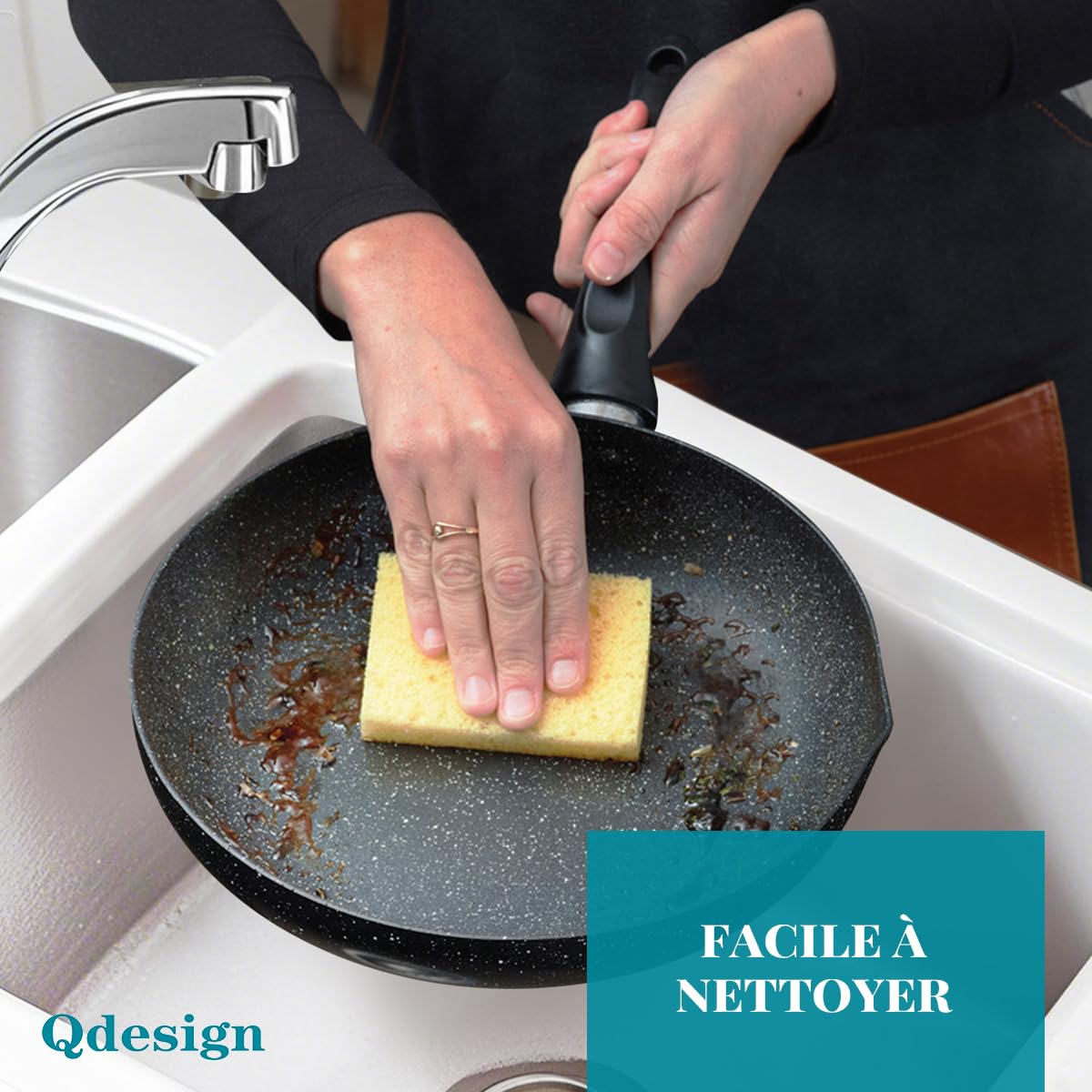 QDESIGN BLACKMARBLE+ Batterie de cuisine 6 pcs - 2 poêles + 2 casseroles en fonte d'aluminium anti-adhésif anti-rayures sans PFOA + 2 couvercles verre trempé - tous feux dont induction - Marbre noir