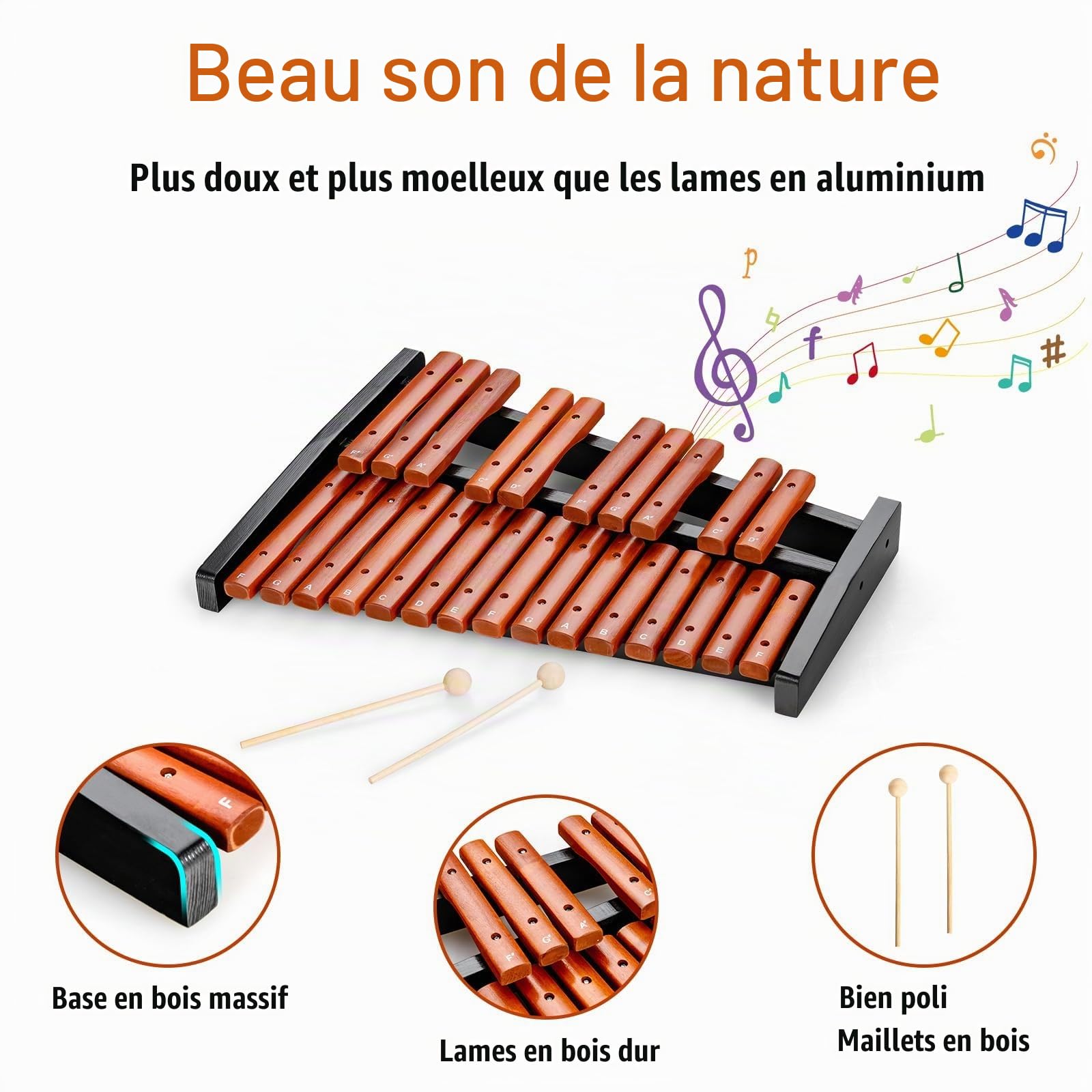 KOMFOTTEU Xylophone 25 notes bois, carillon avec 2 baguettes, percussion manuelle instrument de percussion avec sac de transport, instrument de musique pour enfants adultes