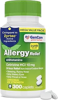 GenCare - Cetirizine HCL 10 mg (300 Caplets) - 24 Hour Allergy Relief Pills - Non Drowsy Generic OTC Allergy Medication - Antihistamine Medicine for Sneezing, Runny Nose & Itchy Eyes - Generic Zyrtc