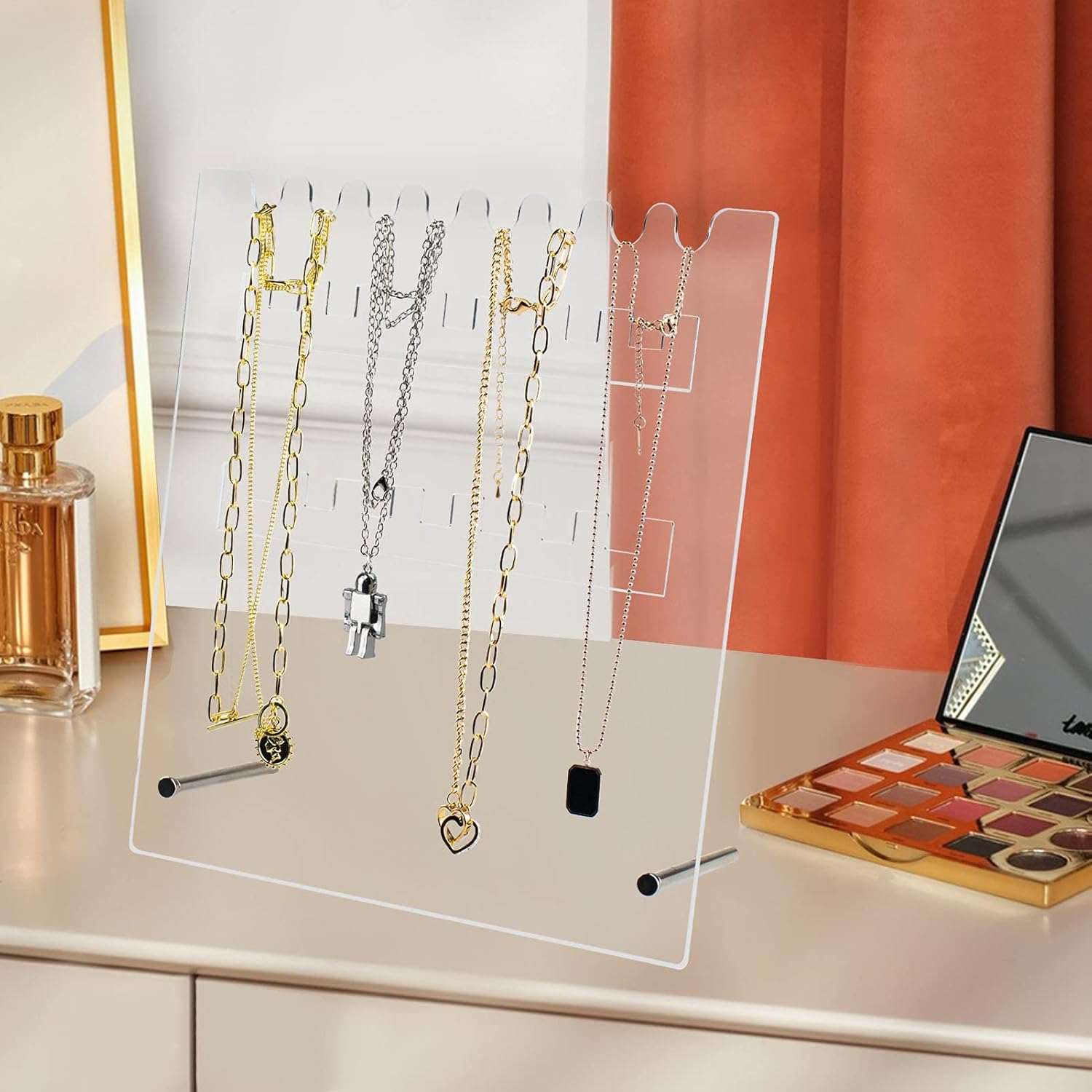 Funtygy Necklace Holder Organizer Acrylic Necklace Stand, Clear Jewelry Storage Display Rack, 7 Hooks for Necklaces: Home Improvement